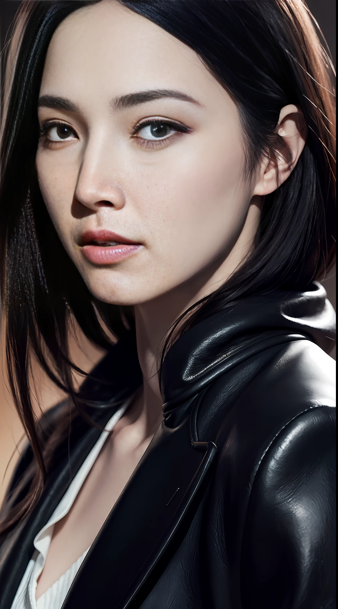 beautiful girl with realistic black eyes, pale skin, mid-length black hair, perfect face, perfect eyes, wearing coat, highly detailed, comprehensive cinematic, digital painting, 8k, cinematic lighting, best quality, highres, detailed work, post-processing, perfect result, hyper realistic