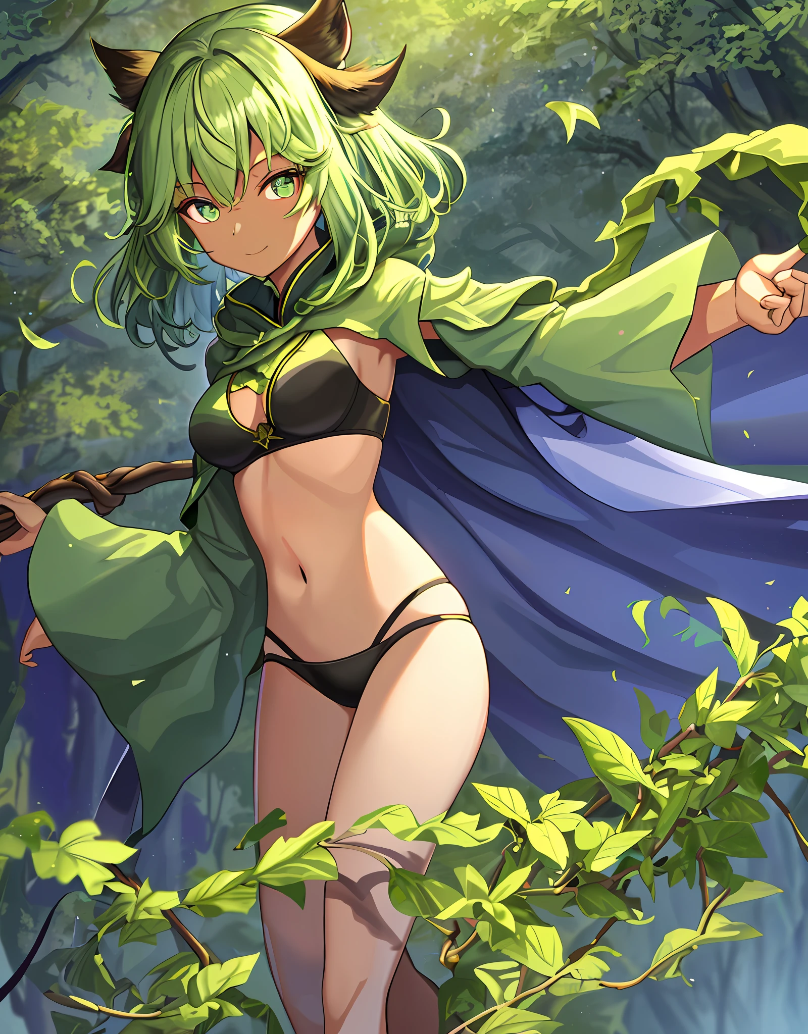 ファンタジー, 1forest_elemental_girl, 格闘, (using_leaves_clothes, green_leaves_covered_breasts, leaves_covered_pussy)+++,medium_breasts,dynamic_pose_standing, light_smile, 眠い, medium_hair, へそ,(dark_skin)+, オイル, (winding_vine_around_torso)++, (ふっくらと)+,森, trees_background, leaves_headgear, green_leaves_cape, hold_large_long_staff, 太もも,