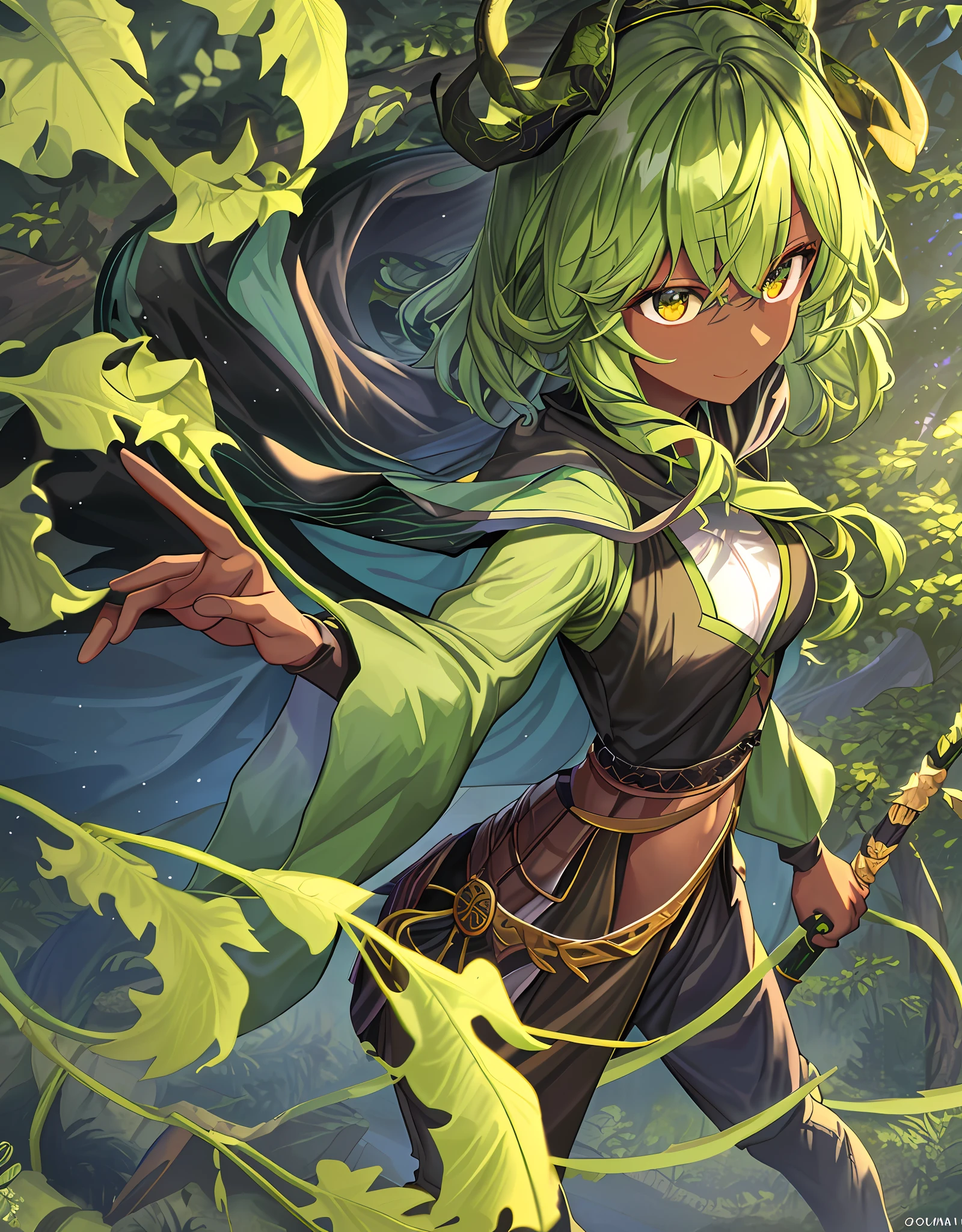 ファンタジー, 1forest_elemental_girl, 格闘, (using_leaves_clothes, green_leaves_covered_breasts, leaves_covered_pussy)+++,medium_breasts,dynamic_pose_standing, light_smile, 眠い, medium_hair, へそ,(dark_skin)+, オイル, (winding_vine_around_torso)++, (ふっくらと)+,森, trees_background, leaves_headgear, green_leaves_cape, hold_large_long_staff, 太もも,