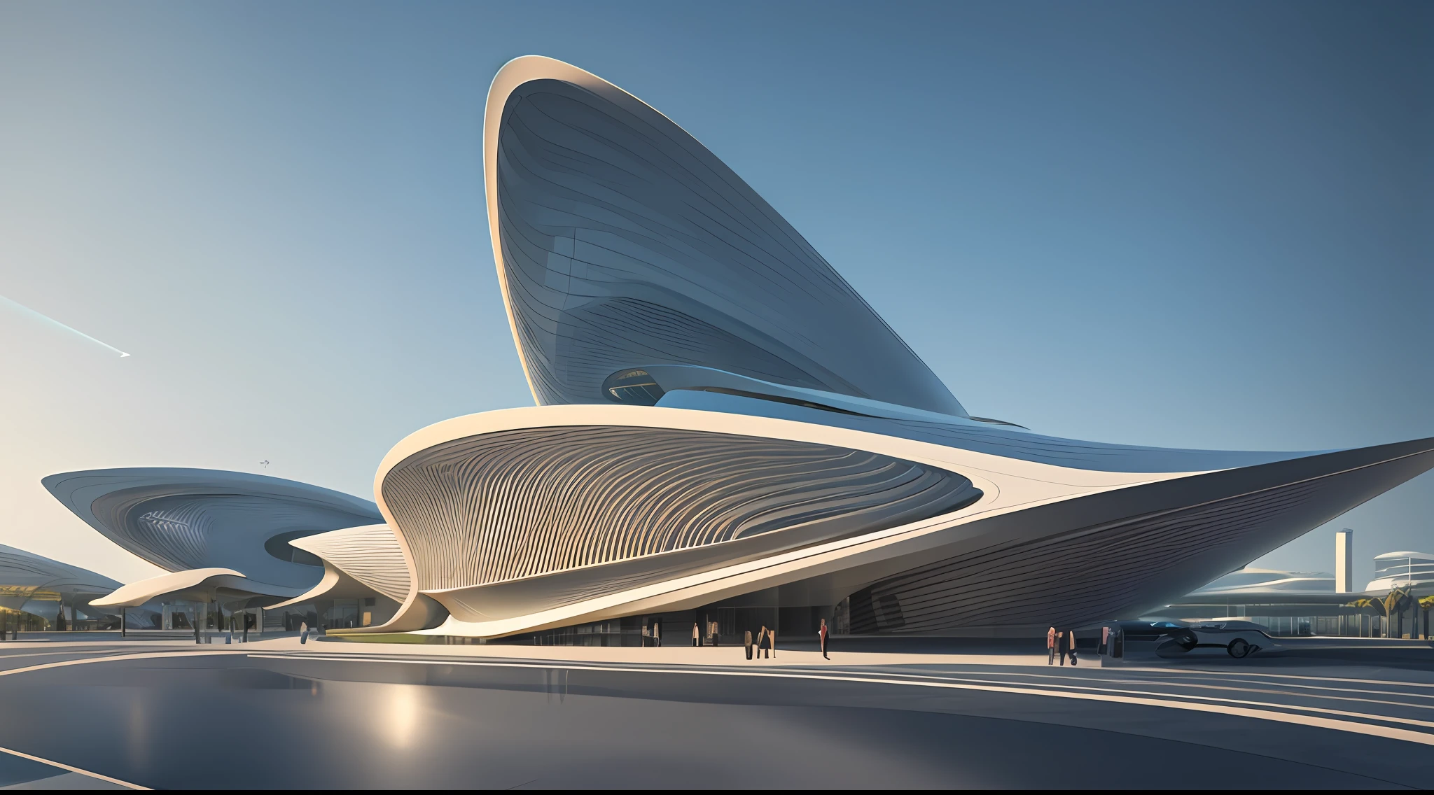 Parametric design, architecture, spatial qualities, Zaha Hadid, asymmetric design, museum, realistic super detail rendering style, realistic rendering, ray tracing, exaggerated perspective, transparent plastic, composition, blender, vray, natural volumetric lights, best lighting, 8K, best quality, --auto --s2