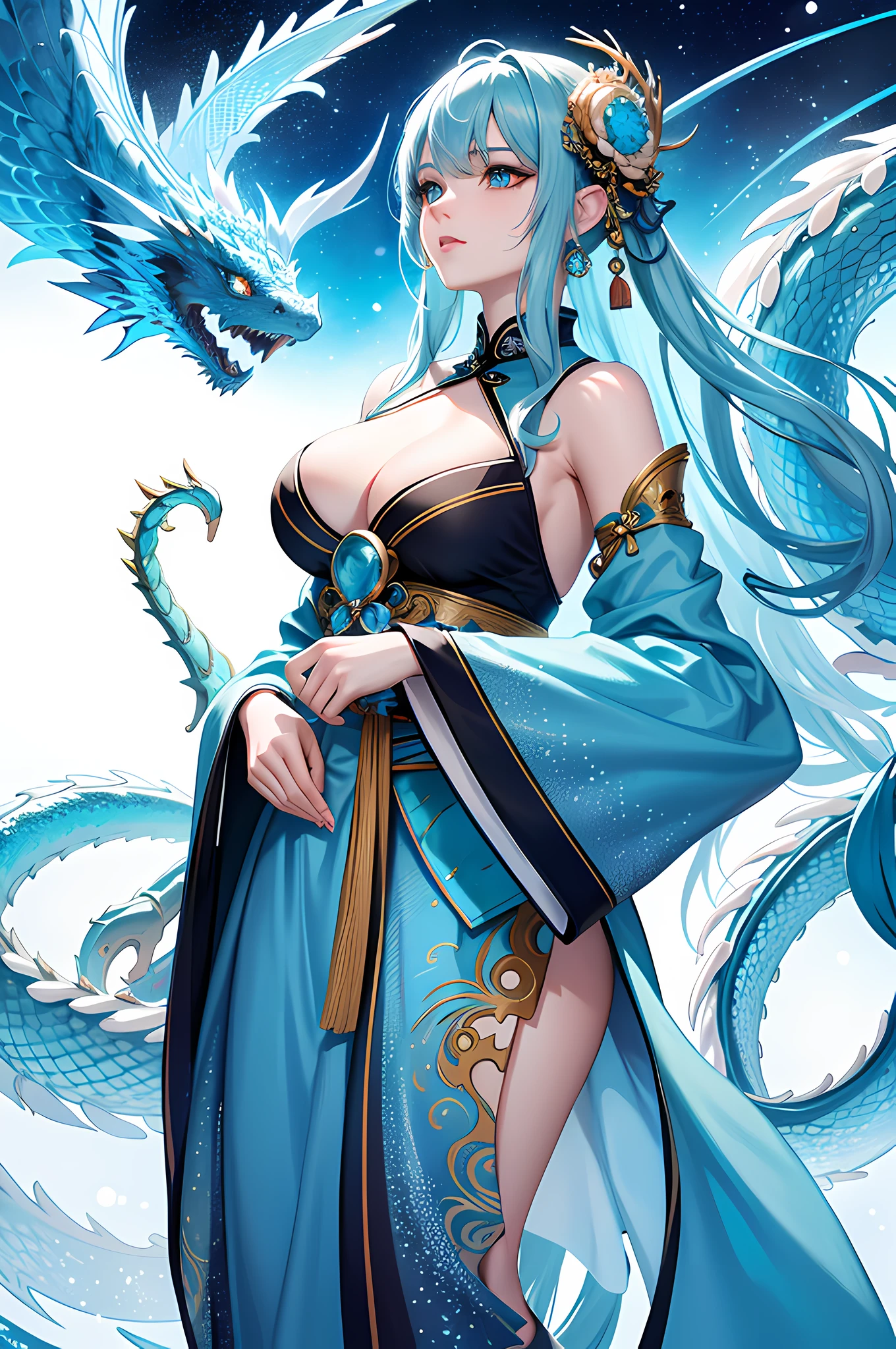 8k masterpiece, top quality, best quality, official art, delicate eye (beauty and aesthetic: 1.3), extremely detailed, (fractal art: 1.3), colorful, ice and Chinese dragon, serpentine body, claws, cyan and 1 woman, han woman's media, hanfu, cyan