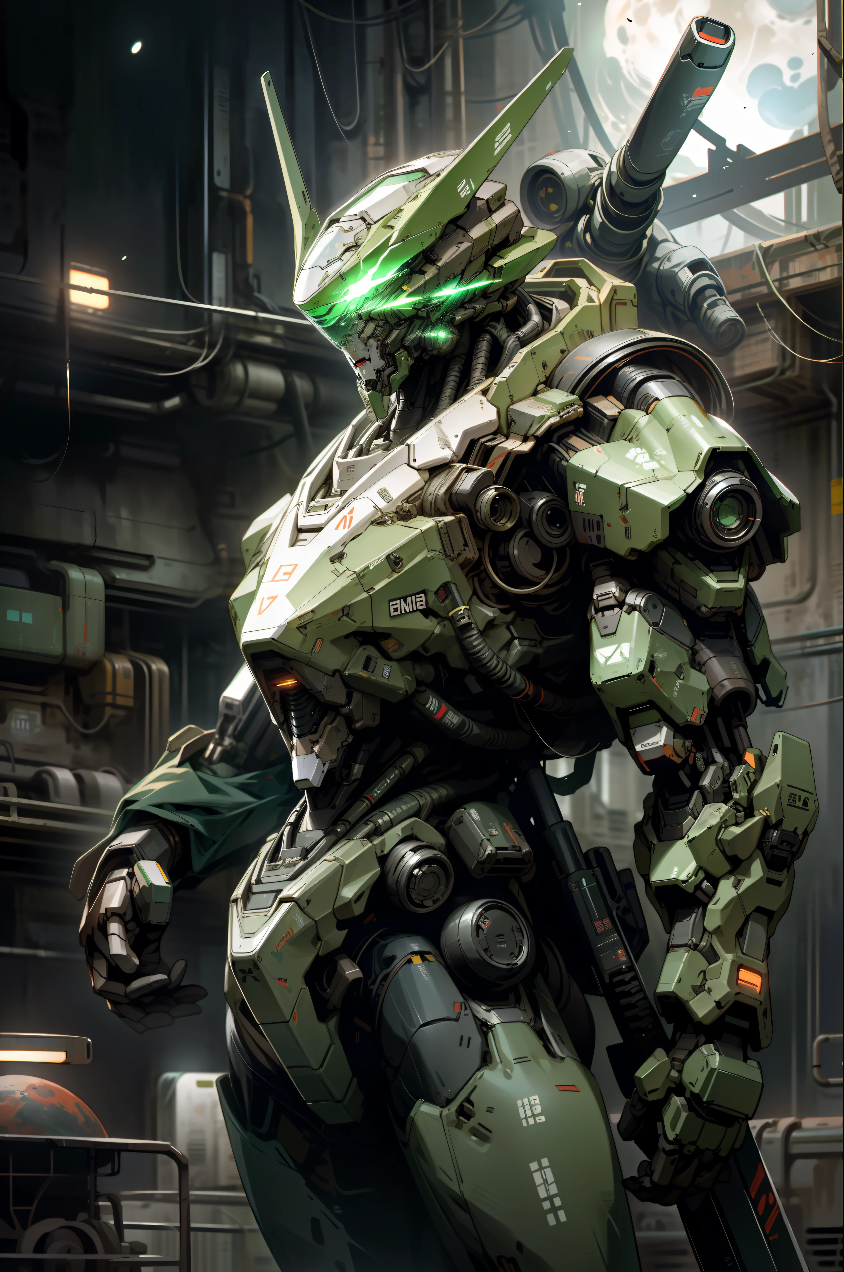 On the moon,barren planets, ruins, holding_weapon, no_humans, glowing, robot, building, glowing_eyes,green mecha, science_fiction, realistic,mecha,Milky Way Galaxy background,neon,cyberpunk,