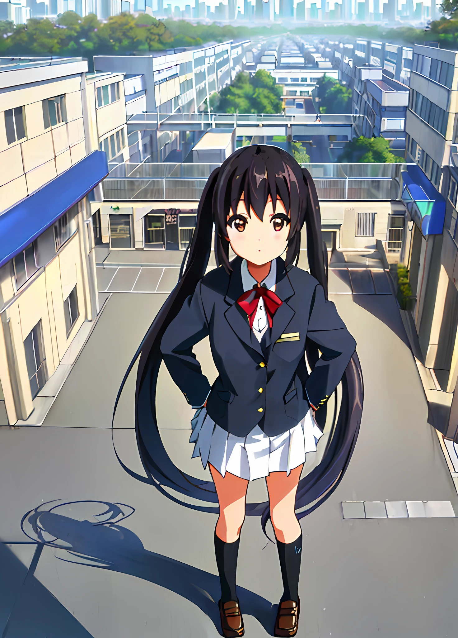 1girl, ((((Masterpiece))), Best Quality, Best Quality, High Detail, Azusa Nakano, 1girl, Sakuragaoka High School Uniform, Musical Instrument, School Uniform, Twin Tails, Long Hair, Black Hair, Brown Eyes, Solo, Red, Dark blue blazer with a thin ribbon of red, Solid white button shirt under blazer, Illustration, Cartoon, Soothing tones, Muted colors, Soft cinematic light, Adobe Lightroom, Photo Lab, HDR, complex and highly detailed, (((depth of field))))). (((Masterpiece))). (((highest quality))).) ((super detail))). (((Illustration))). (((Outside))). (((hands on hips)))). (((Stretch your chest)))),(((Gigantic))).dynamic focus.small breasts. (((skyscrapers))). (((Cityscape))). (((View from above))).