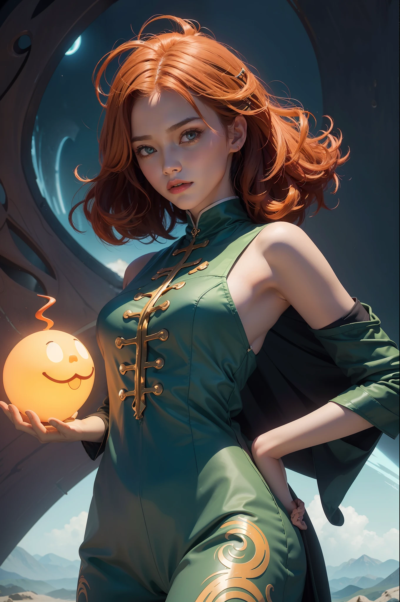 concept art, overhead angle of a Will-o'-the-wisp, wearing Funny Somali Emerald deep orange Pinafore, Caramel hair styled as Short hair, fluorescent purple Hair tie, equirectangular 360, Highres,  [(art by Willi Baumeister:1.1), (art by John T. Biggers:1.2)::17], official art, unity 8k wallpaper, ultra detailed, aesthetic, masterpiece, best quality, photorealistic