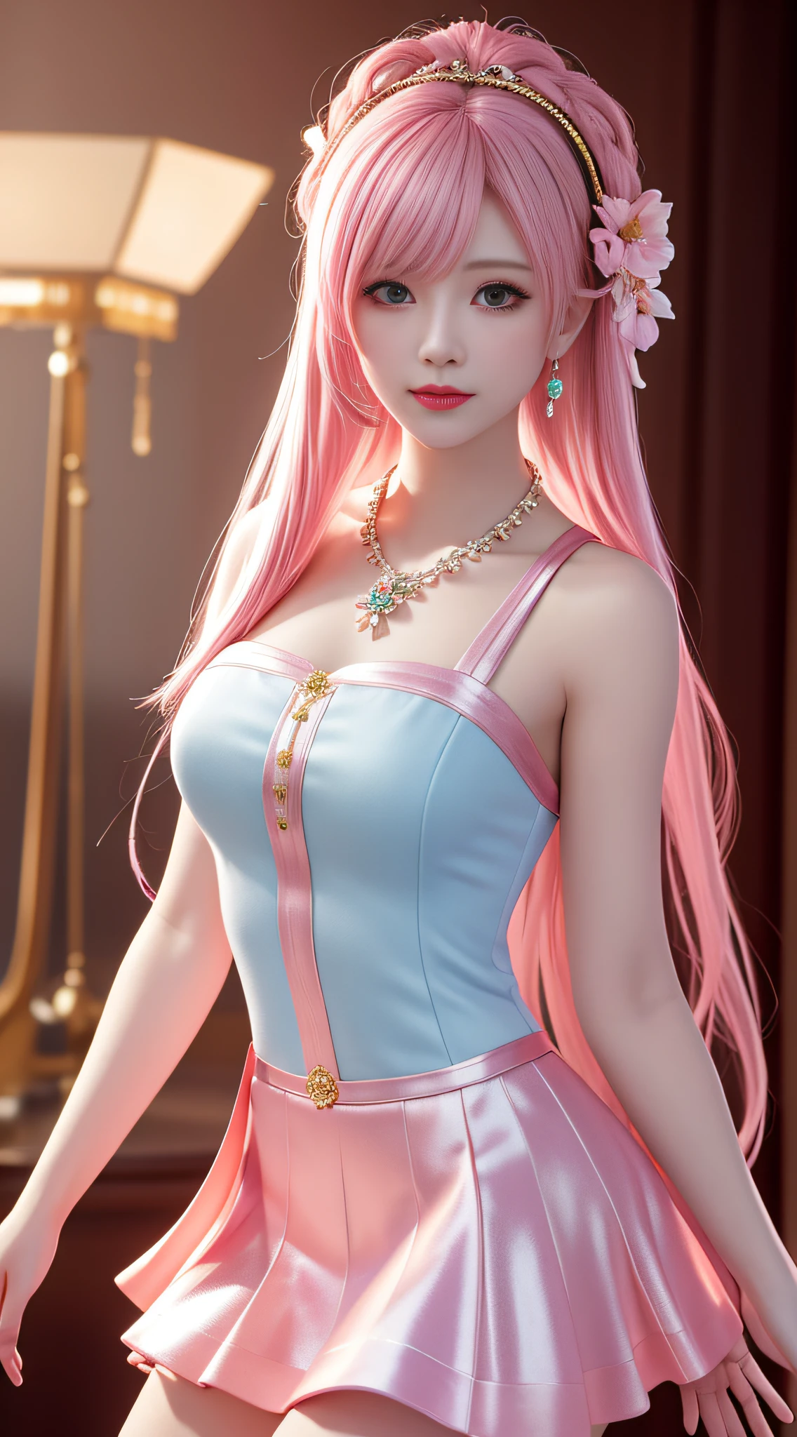 Best Quality, Masterpiece, High Resolution, 1Girl, Porcelain Dress, Hair Accessories, Necklace, Jewelry, Beautiful Face, Body, Tyndall Effect, Realistic, Dark Studio, Edge Lighting, Two-tone Lighting, (High Detail Skin: 1.2), 8K UHD, DSLR, Soft Light, High Quality, Volumetric Light, Voyeur, Photo, High Resolution, 4K, 8K, Background Blur, Pink Hair, Short Skirt