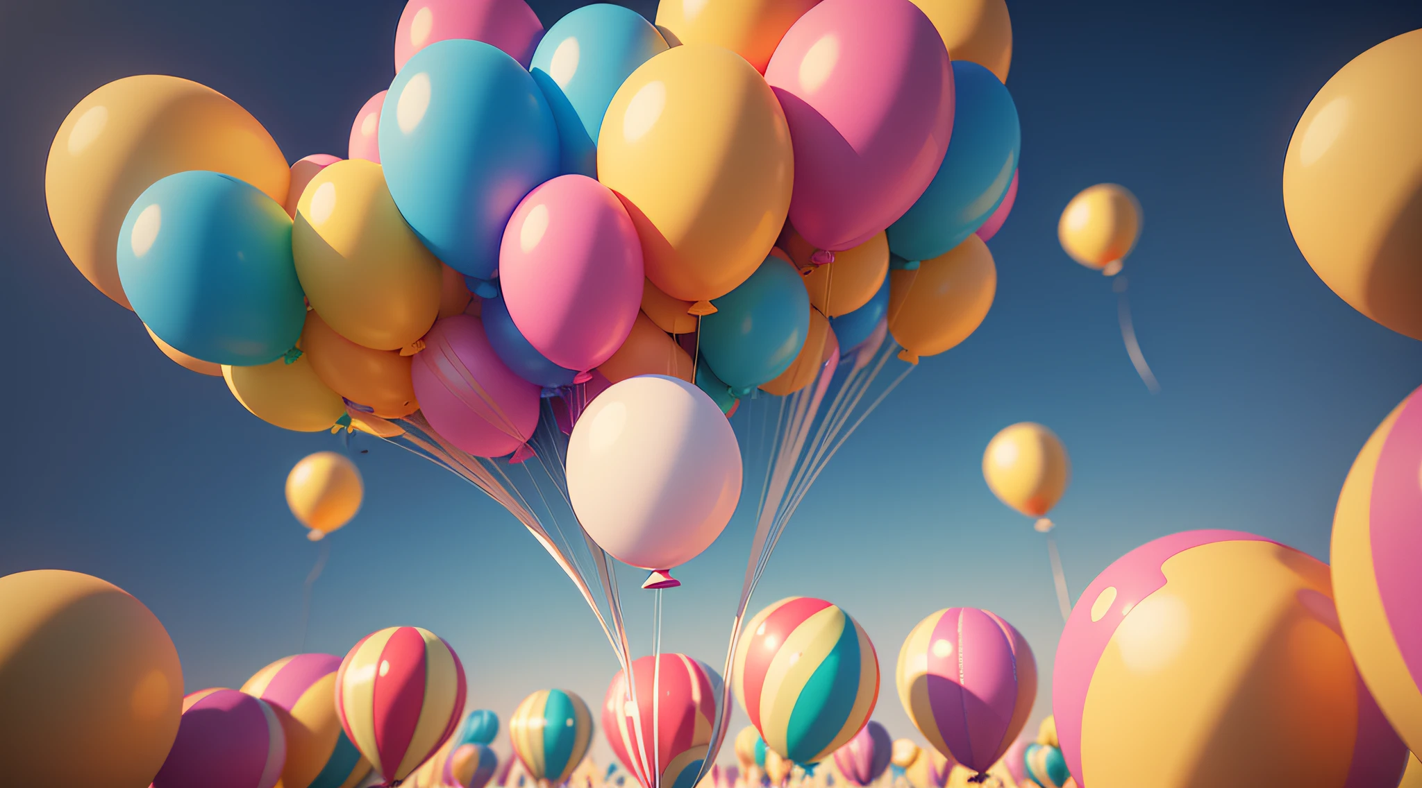 there are many balloons are flying around a plate, party balloons, round background, balloon, balloons, pastel color theme, baloons, empty background, minimal background, colorized background, 3 d illustration, 3d illustration, high quality illustration, simple background, birthday, hyper realistic background, pastel colourful 3 d, isolated background, high definition background, clean background