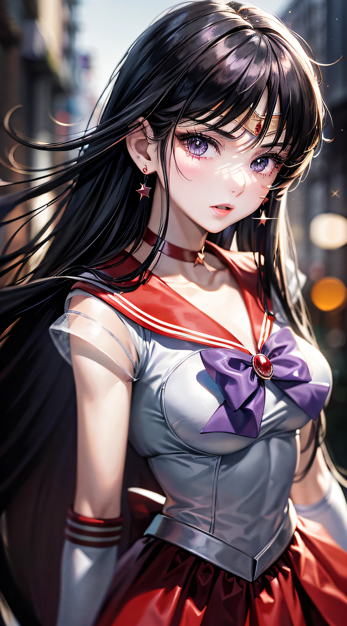 masterpiece, best quality, high resolution, sama1, tiara, sailor sensi uniform, white gloves, red sailor collar, red skirt, star necklace, elbow gloves, pleated skirt, ???? leg, purple bow, denim shooting, outdoors, bokeh (85mm lens), front facing camera, gentle expression, wind blowing hair, fluffy hair, hair ((black)),