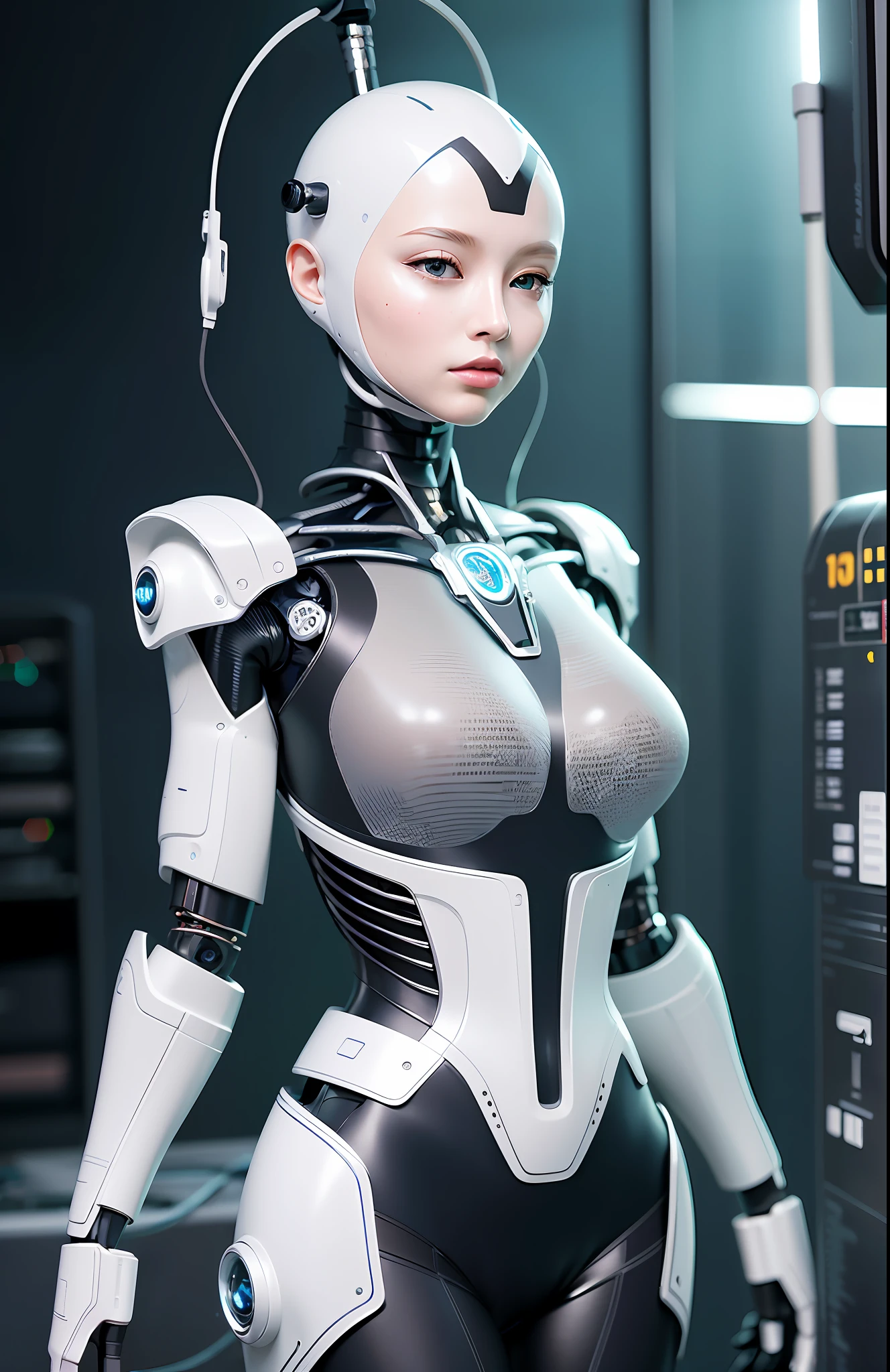 Intricate 3d rendering of highly detailed beautiful ceramic silhouette female robot face, robot, robot part, 150 mm, beautiful studio soft light, rim light, vibrant details, luxurious cyberpunk, lace, surreal, anatomy, facial muscles, cables wires, microchip, elegant, beautiful background, octane rendering, HR Giger style, 8k, best quality, masterpiece, illustration, very delicate and beautiful, very detailed, CG, unity, wallpaper , (fidelity, fidelity: 1.37), amazing, fine detail, masterpiece, best quality, official art, very detailed cg unity 8k wallpaper, absurd, unbelievably absurd, robot, silver helmet, full body