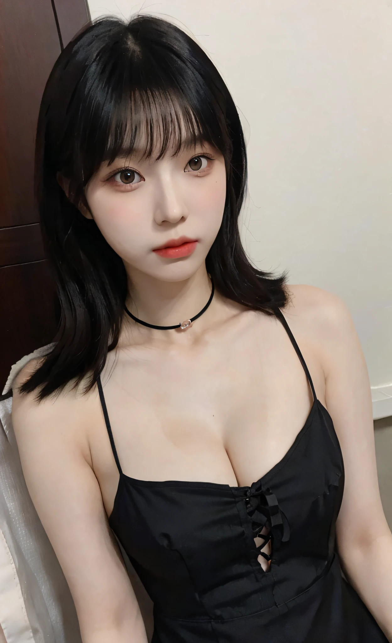 Korean woman in sheer fabric(((Deep V-neckline)))slip dress, black hair, ((big breasts, huge areola)),(((areola_slip))),((puffy areolae)),((sideboob)),(underboob),(((collar))), Korean girl, beautiful south Korean woman, gorgeous young Korean woman, beautiful young Korean woman, asian girl with long hair, young adorable Korean face, portrait of female Korean idol, Korean woman, messy hairstyle, ulzzang, popular Korean makeup, popular south Korean makeup, with long hair, (8k, RAW photo, best quality, masterpiece: 1.45),