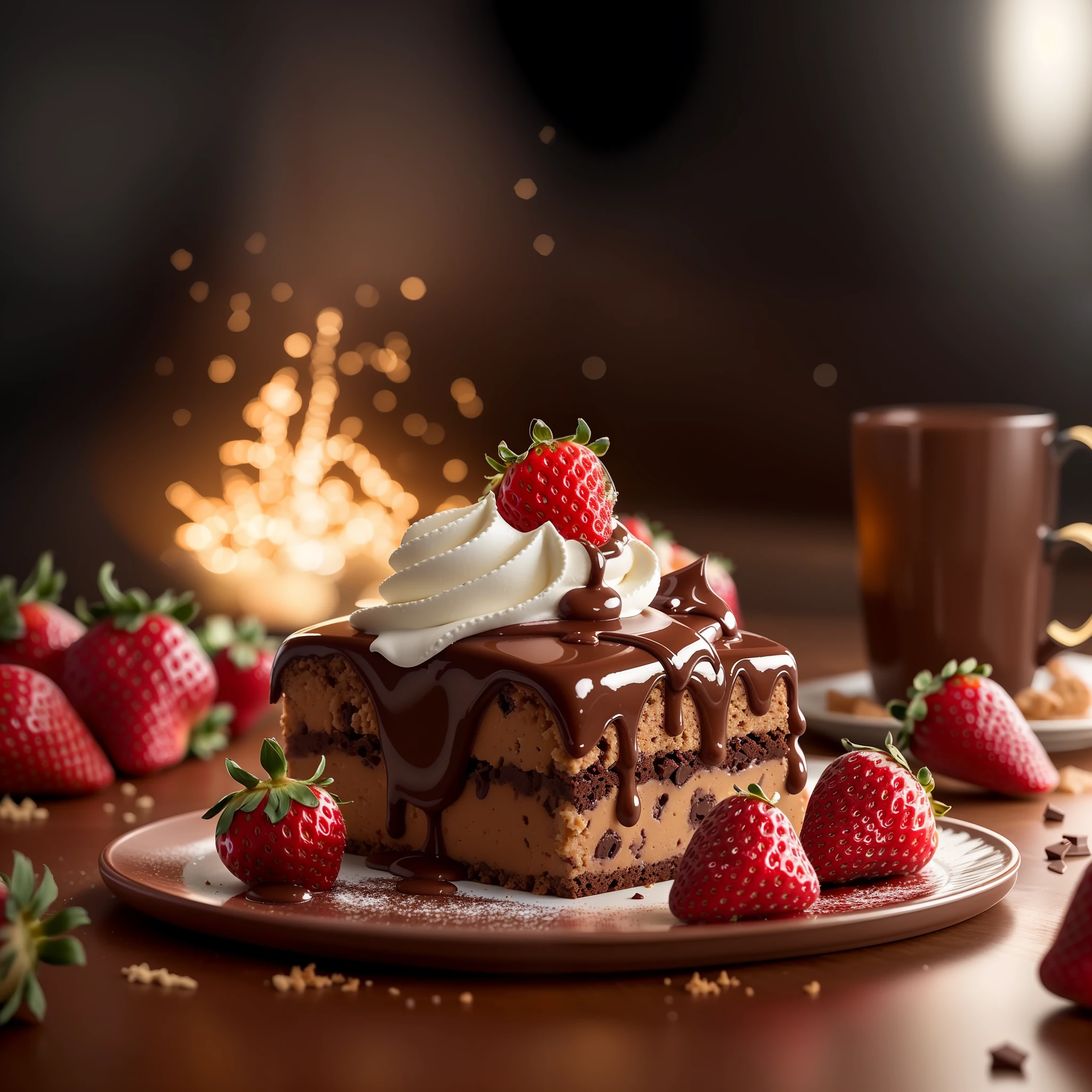 there is a piece of cake with chocolate and strawberries on a plate, high quality food photography, food commercial 4 k, 4k food photography, 4 k food photography, amazing food photography, professional food photography, whipped cream on top, food photography 4 k, food photography, close up food photography, award winning food photography, awesome greate composition