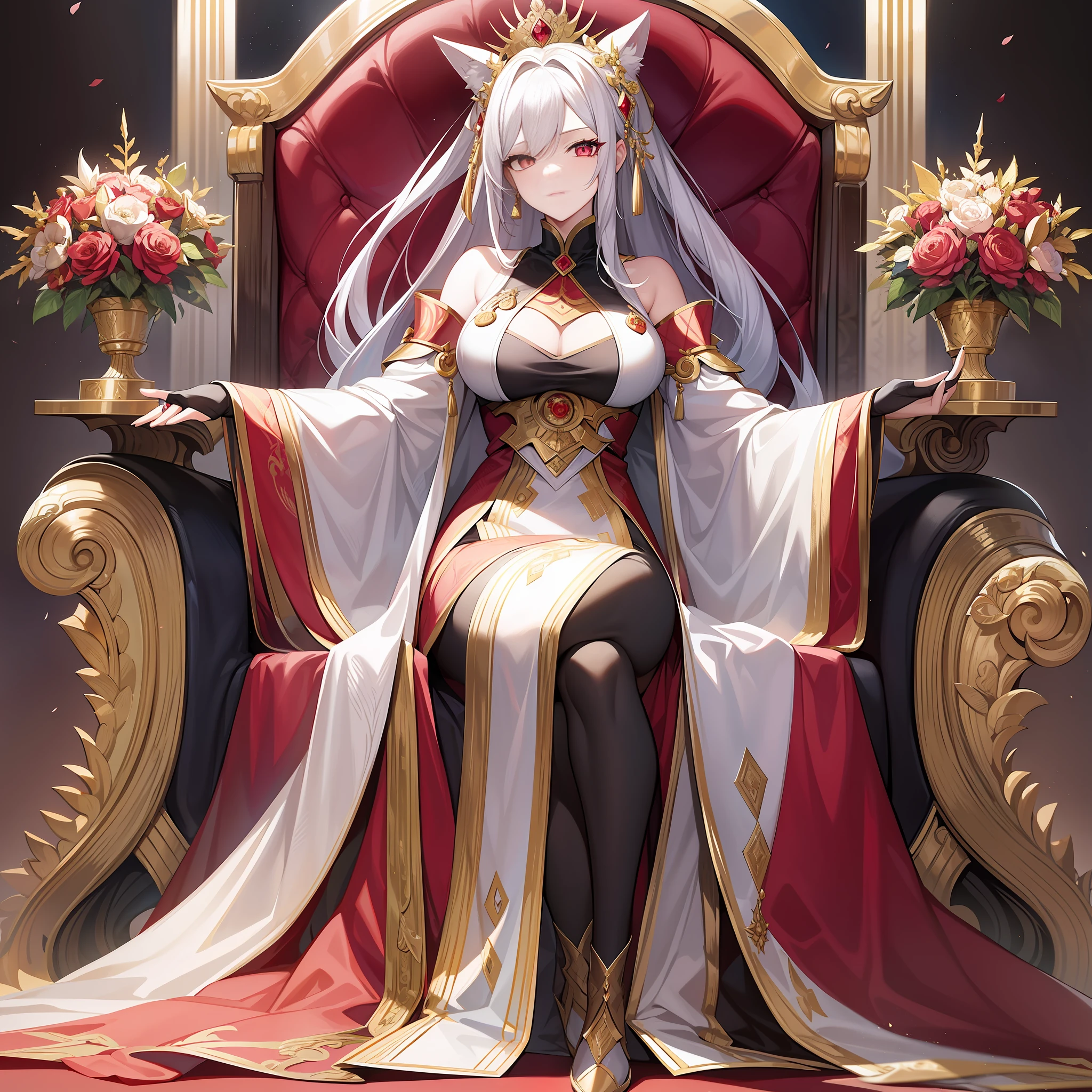 The white-haired Red Lotus Female Emperor is the leader of the White Fox Clan, and with her extraordinary talent and unparalleled strength, she rules her people. She is haughty and confident, with deep eyes and a cold aura, showing her authority and the status of ruler. Her hairstyle is flowing white, part of which is tied into a towering bun, and her hair color is pale and flawless, which fully shows her nobility and elegance. She wore a red suit, her robe was decorated with gold patterns, and her coat was a white shawl, which was full of noble atmosphere. She also wears a ruby and silver ornament and holds a silver scepter indicating her status and power. She sat high on her throne and proudly looked down at those around her, her eyes as sharp as eagles, showing her determination and will to rule. Her environment is an ancient and ornate palace, with splendid golden walls and solemn solemnity. There are no superfluous elements in this scene, only her and her subordinates, which further highlights her nobility and ruler's status. The whole atmosphere is filled with a murderous atmosphere, but under the rendering of the lighting, it is particularly harmonious and soft. She is a very good leader and a figure respected by the White Fox Clan