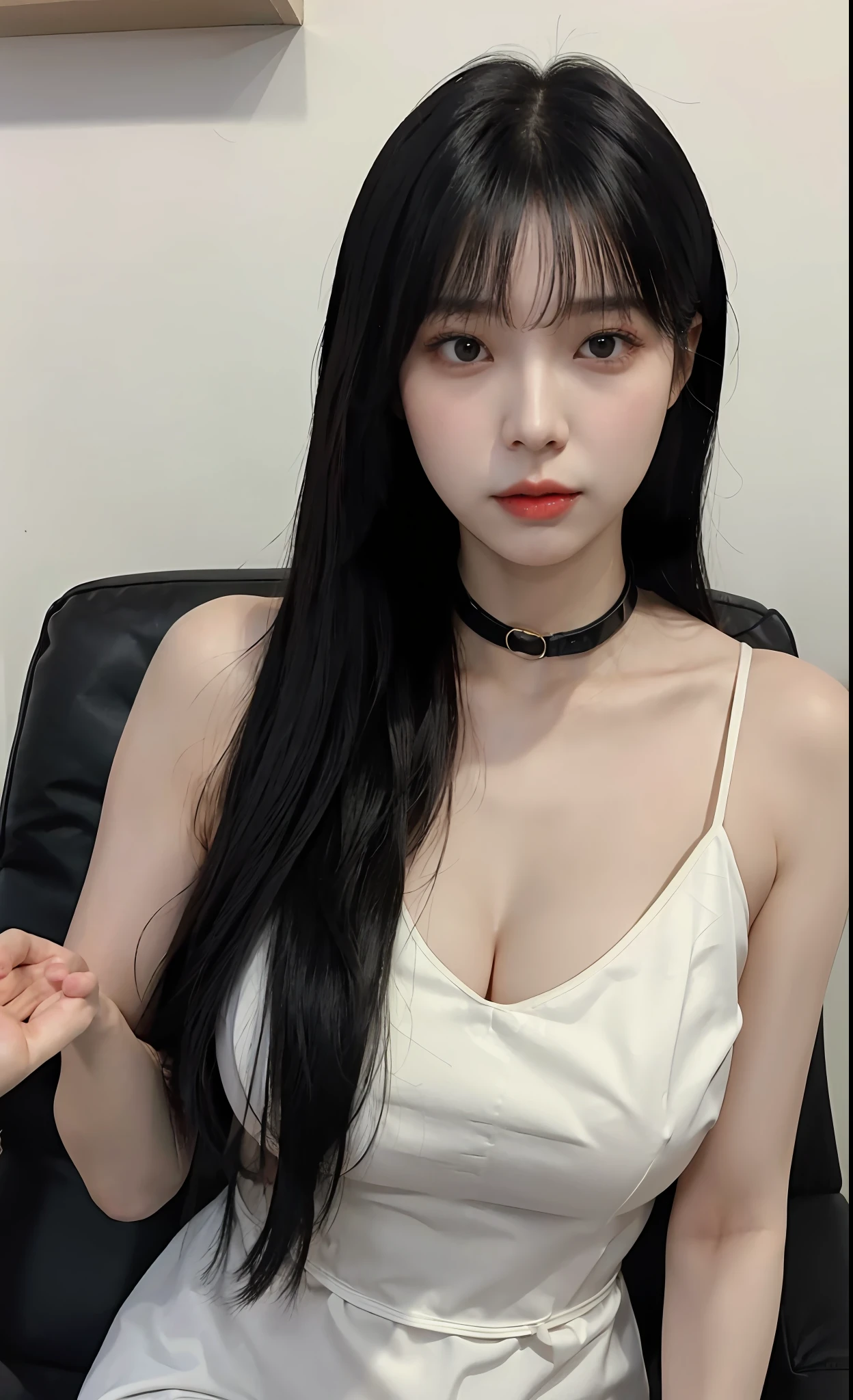 Korean woman in sheer fabric(((Deep)))V-neckline slip dress, black hair, (big breasts:1.27), huge areola ,(((areola_slip))),((puffy areolae)),((sideboob)),(((collar))), Korean girl, beautiful south Korean woman, gorgeous young Korean woman, beautiful young Korean woman, asian girl with long hair, young adorable Korean face, portrait of female Korean idol, Korean woman, messy hairstyle, ulzzang, popular Korean makeup, popular south Korean makeup, with long hair, (8k, RAW photo, best quality, masterpiece: 1.45),