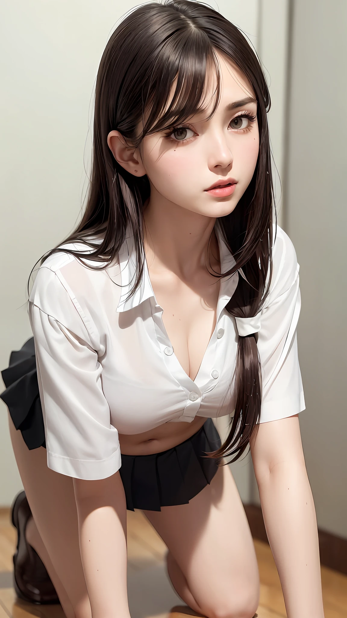 ((Medium-breasted, Small Head)), Sunlight, (Perfect Body: 1.1), (Young), (Short Wavy Hair: 1.2), (((School Uniform)), (Highly Detailed CG 8k Wallpaper), (Very Delicate and Beautiful), (Masterpiece), (Best Quality: 1.0), (Ultra High Definition: 1.0), Beautiful Lighting, Realistic Shadows, [Hi-Res], (((Realistic Skin))), Ultra Detail, Thighs, ( Beautiful long hair),Thin collarbone, Soft navel, Soft midriff, Soft back, Sweaty, Beautiful breasts, Blush, Realistic, Realistic face, Realistic eyes, Small eyes, (((cleavage))), (Eyeliner), (Mascara), ((Thick white liquid dripping from the body))), (Thick white liquid dripping from the body)))), (sticks between the breasts))), sexy, (sexy woman), ( adult woman), (on all fours), (back), (back view), (back view), (yotsumbai), buckshot, (dark brown hair), (from behind), (back), underwear, photo of a 20 year old woman, cute, white panties, white lace panties, sitting on a school chair, panty shot, spread legs, skirt, school uniform, white panties, socks,, shirt, blurred, blurry background, Knee-high, White shirt, Loafers, Realistic, Long hair, Lips, Brown eyes, Black socks, Tie, Pleated skirt, Headrest, Brown footwear, (shiny big), background school, class,