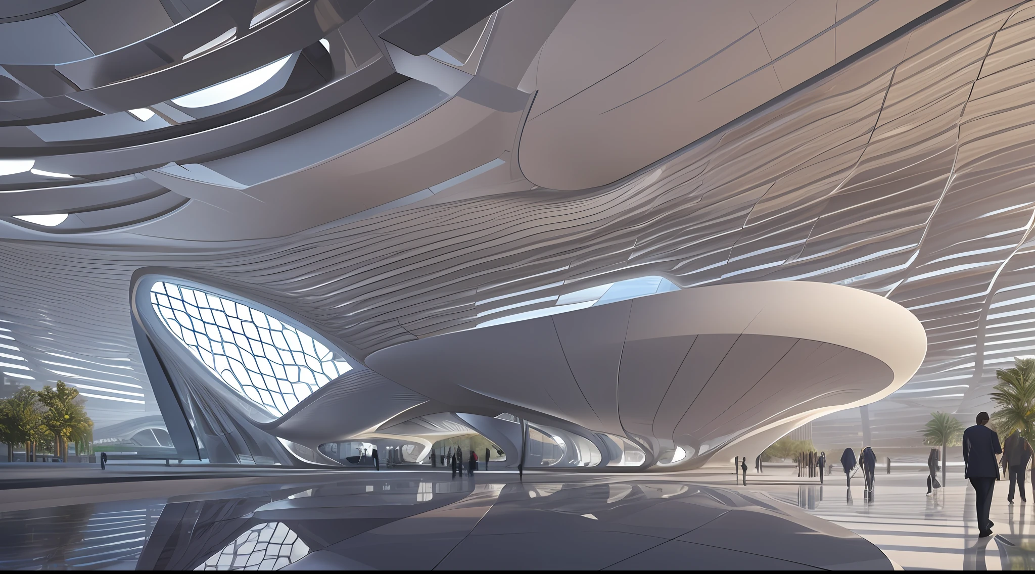 Parametric design, architecture, spatial qualities, Zaha Hadid, asymmetric design, museum, realistic super detail rendering style, realistic rendering, ray tracing, exaggerated perspective, transparent plastic, composition, blender, vray, natural volumetric lights, best lighting, 8K, best quality, --auto --s2