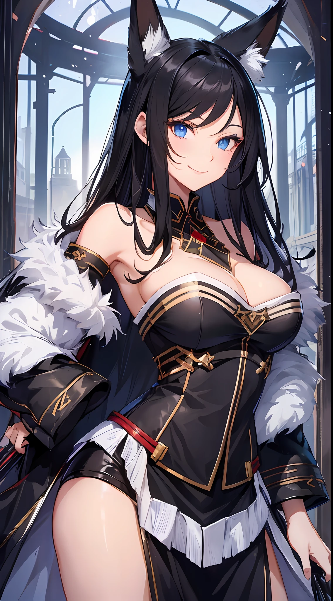 Tall girl, long black hair, fox ears, blue eyes, old Russian fighting uniform, smile, open shoulders, chest neckline, masterpiece, high quality