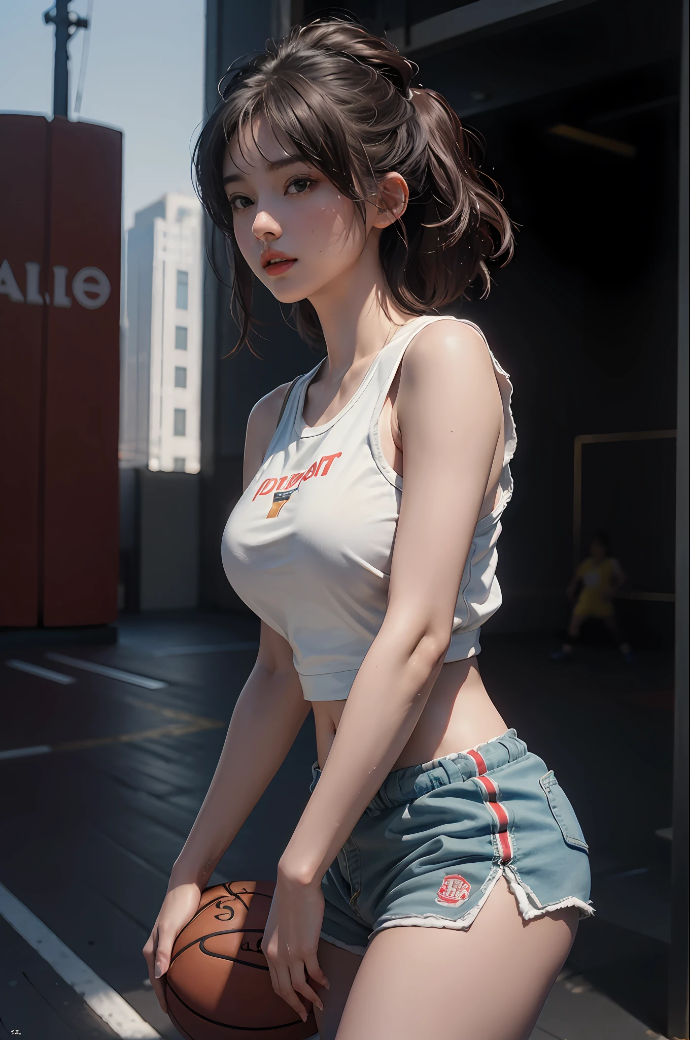 (RAW photo, 4k, masterpiece, high resolution, extremely complex) (realistic: 1.4), cinematic lighting Delicate girl with delicate facial features, oversized breasts
1 Girl, Single Focus, Summer Noon, Hot, 1990s\(Style\), White skin, Oversized breasts, Shorts, Sweat, (best quality), (Highres), (an extremely delicate and beautiful),,(Beautiful 8k face),(Brown eyes),(ulzzang-6500:1.0),(solo),( looking side),(spectators),(large breasts),(NBA),bent over,,lookside,(side), ,(Basketball sportswear),((Play basketball)),((gymnasium)),((speed)),(reality),