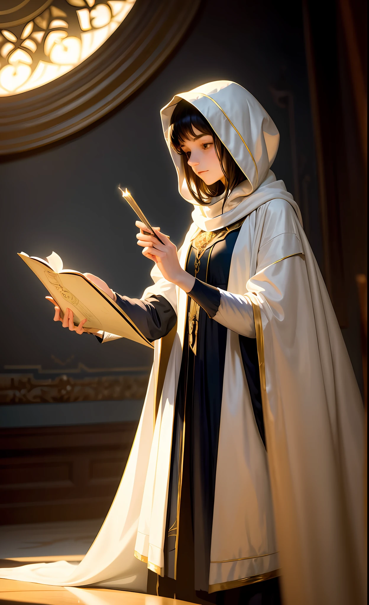 masterpiece, best quality, John Singer Sargent, young sorceress studying, hood up, moody lighting, tranquil, calm, glow, glowing, mystical, magical, rim lighting