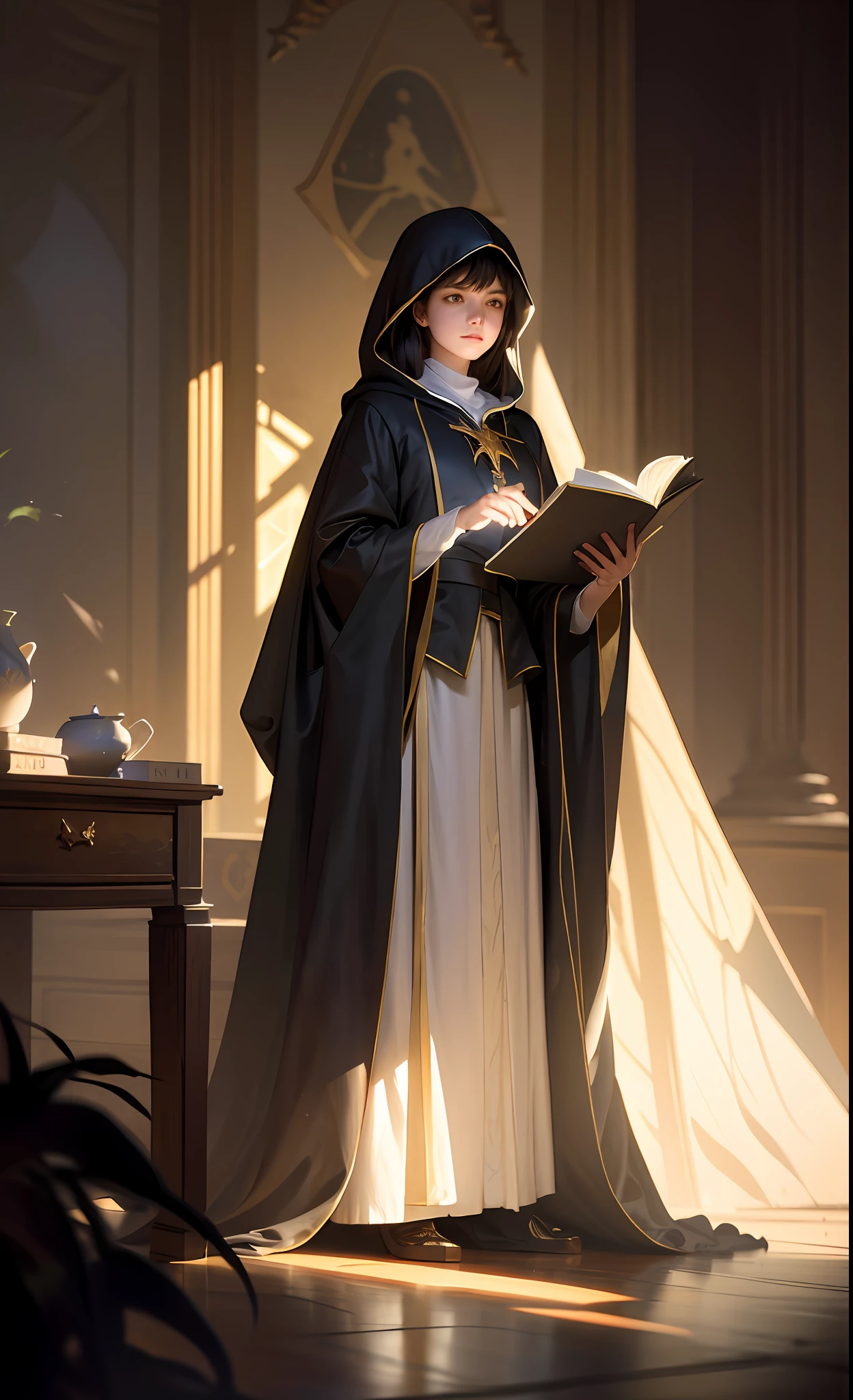 masterpiece, best quality, John Singer Sargent, young sorceress studying, hood up, moody lighting, tranquil, calm, glow, glowing, mystical, magical, rim lighting