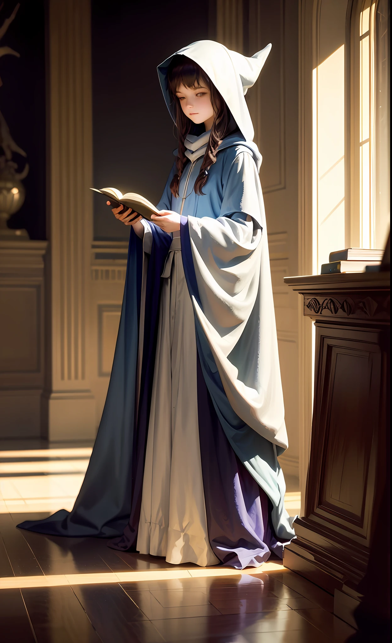 masterpiece, best quality, John Singer Sargent, young sorceress studying, hood up, moody lighting, tranquil, calm, glow, glowing, mystical, magical, rim lighting