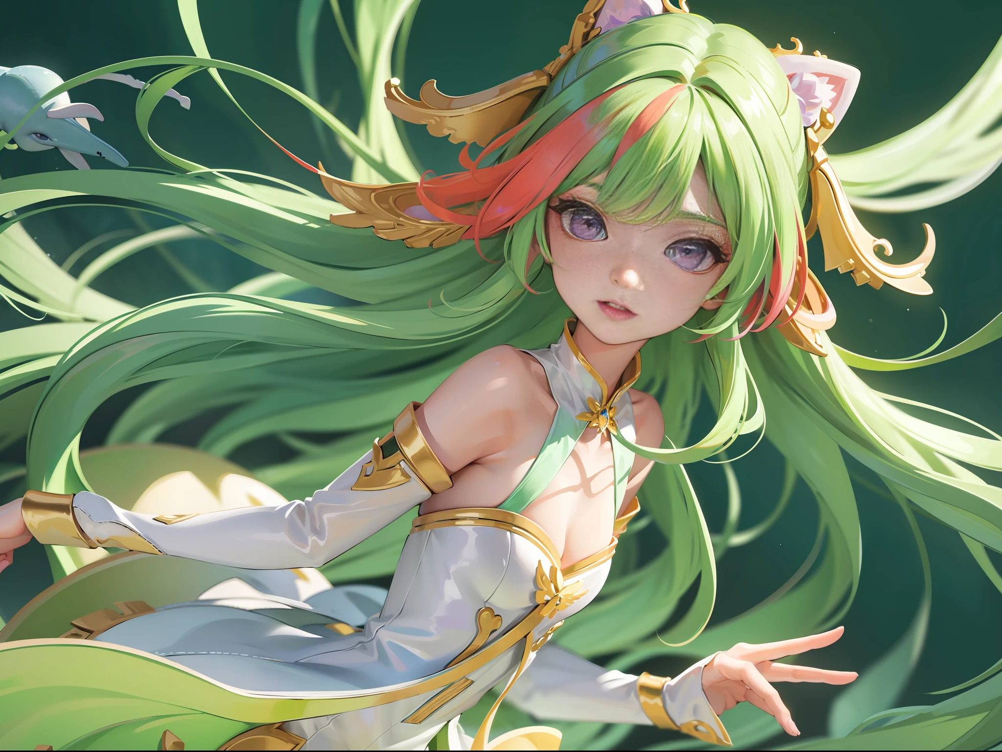 (Masterpiece, Best Quality, Ultra Detailed, High Resolution, Best Illustration), Cat Girl, Small Breast, Redhead, Green Hair, Heterochromatic, Purple Eyes, Two-Tone Hair, Side Lighting, Gloss Skin, (Glow), (Shiny Skin, Dress Style, Whale Element), Ray Tracing, Shirt, Windswept Hair, Detailed Hair, Detailed Face, depth_of_field, Very Detailed Background, Extreme Light and Shadow, (Delicate Eyes), Dynamic Angle
