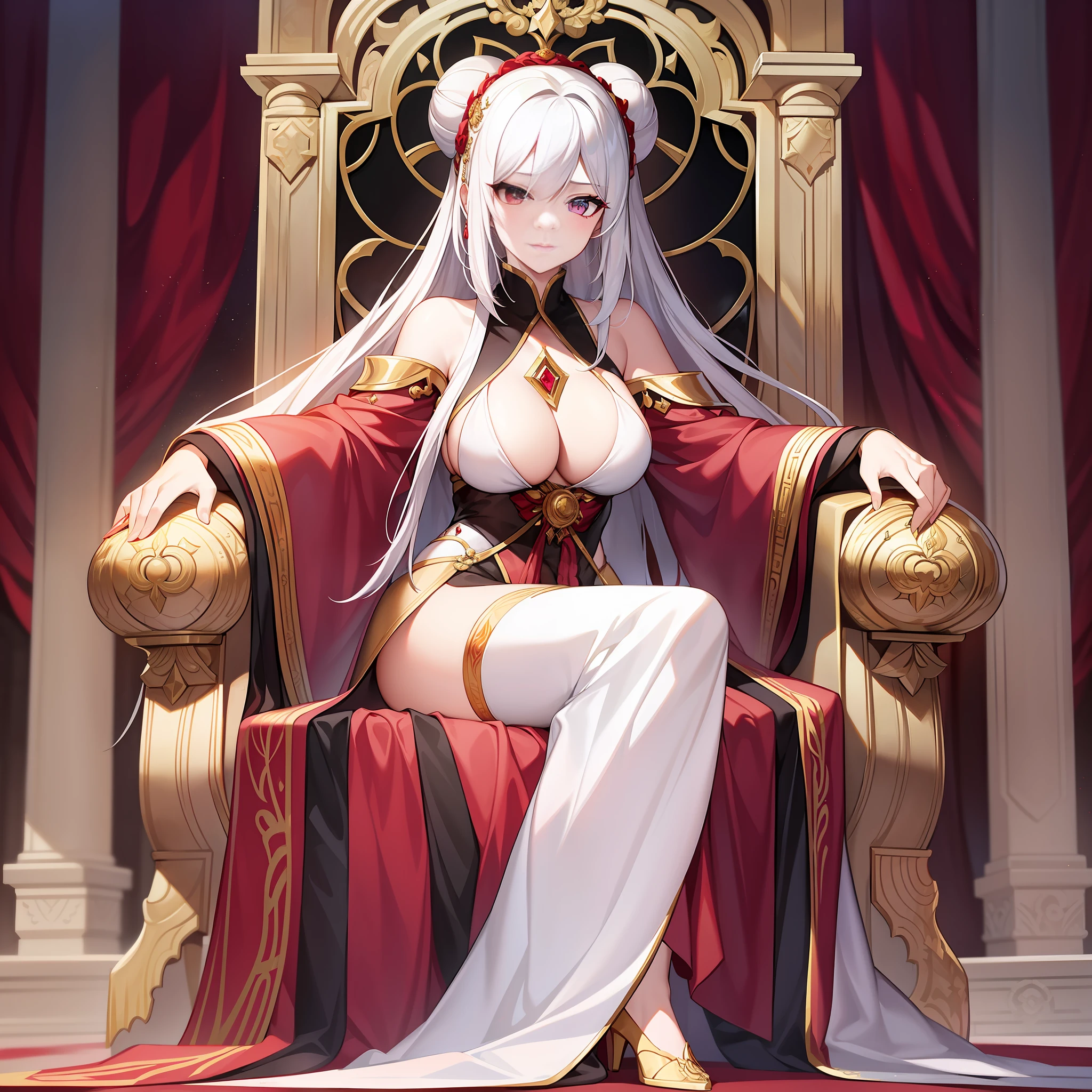 The white-haired Red Lotus Female Emperor is the leader of the White Fox Clan, and with her extraordinary talent and unparalleled strength, she rules her people. She is haughty and confident, with deep eyes and a cold aura, showing her authority and the status of ruler. Her hairstyle is flowing white, part of which is tied into a towering bun, and her hair color is pale and flawless, which fully shows her nobility and elegance. She wore a red suit, her robe was decorated with gold patterns, and her coat was a white shawl, which was full of noble atmosphere. She also wears a ruby and silver ornament and holds a silver scepter indicating her status and power. She sat high on her throne and proudly looked down at those around her, her eyes as sharp as eagles, showing her determination and will to rule. Her environment is an ancient and ornate palace, with splendid golden walls and solemn solemnity. There are no superfluous elements in this scene, only her and her subordinates, which further highlights her nobility and ruler's status. The whole atmosphere is filled with a murderous atmosphere, but under the rendering of the lighting, it is particularly harmonious and soft. She is a very good leader and a figure respected by the White Fox Clan