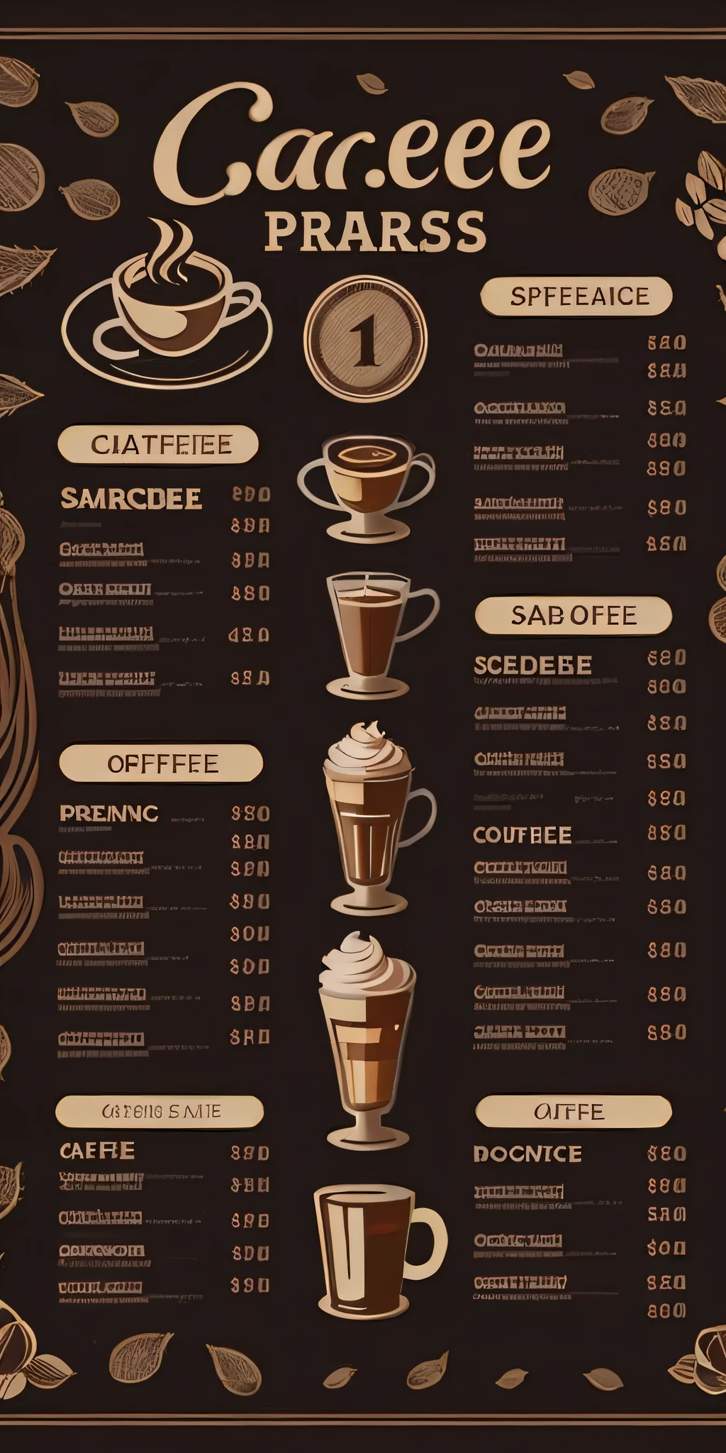 Cafe menu, Simple vector pattern, Brown background color, Price list, Coffee type
