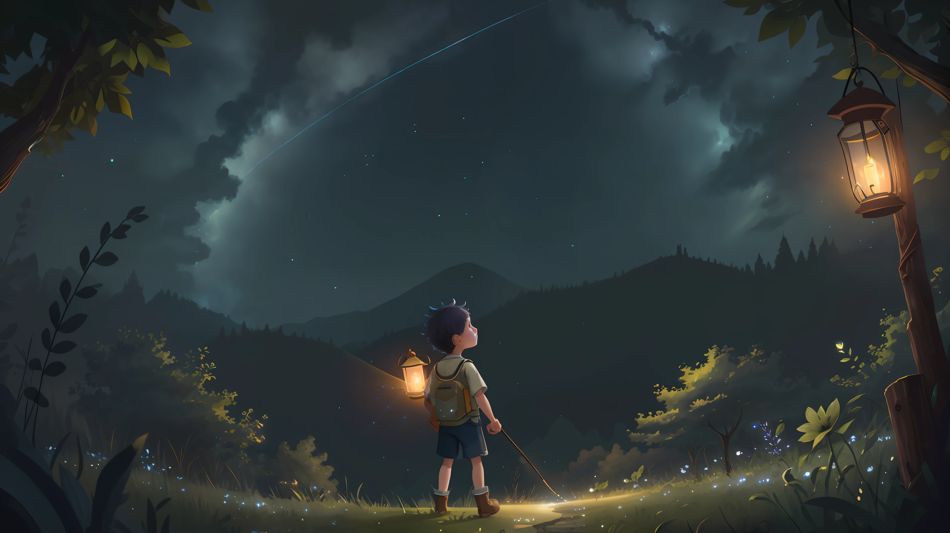 Best image quality, starry sky, night, back boy, hazy lantern, dreamy atmosphere.