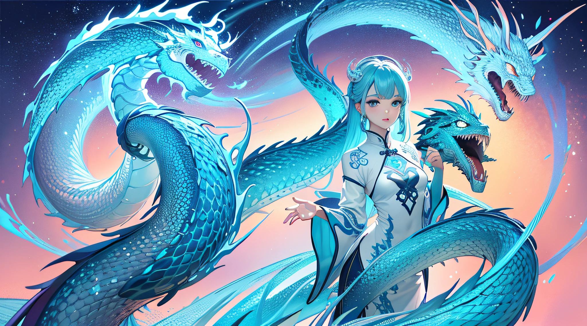 8k masterpiece, top quality, best quality, official art, delicate eye (beauty and aesthetic: 1.3), extremely detailed, (fractal art: 1.3), colorful, ice and Chinese dragon, serpentine body, claws, cyan and 1 woman, han woman's media, hanfu, cyan