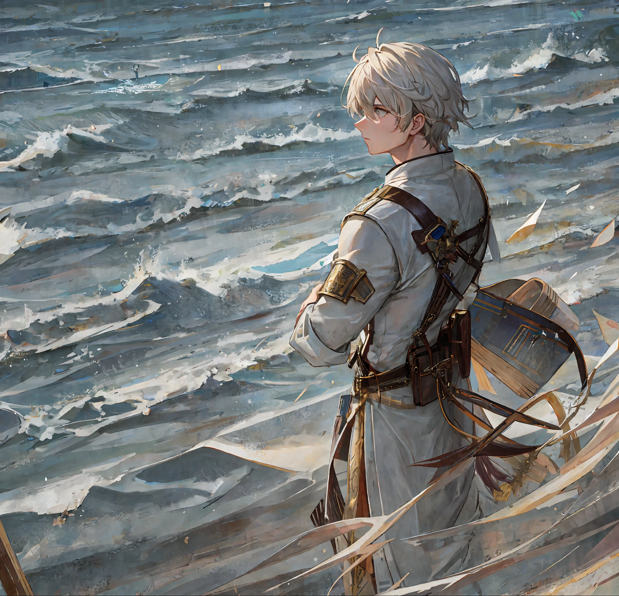 In a solitary moment, a cinematic man stands resolutely against the relentless crashing waves of the vast ocean. The wind tugs at his tailored suit, and saltwater mist dances in the air, but his gaze remains fixed, radiating determination and resilience. As the sun begins its descent, casting a golden glow across the horizon, a hidden story unravels. What unseen battles has he fought? What dreams propel him forward? Explore the enigma of this captivating figure, capturing both the majestic power of nature and the indomitable spirit within.