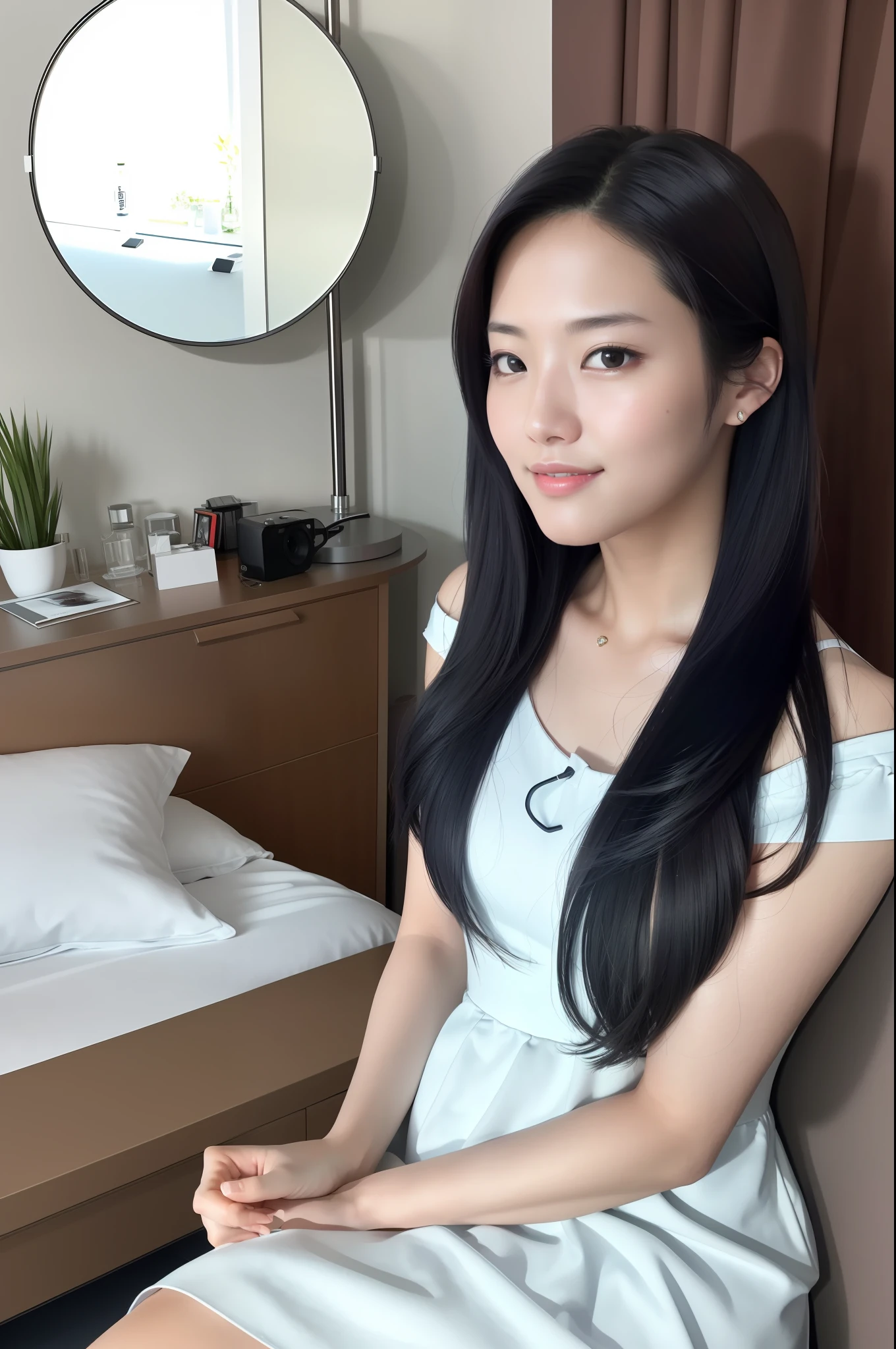 Jiwon, RAW Photo, Physically Based Rendering, (8K, Best Quality, Masterpiece: 1.2), (Full Body Shot: 1.4), Octane Rendering, Very Detailed CG Unity 8k Wallpaper, Studio Soft Light, Edge Light, In Hotel, Bed, Cozy Room, Sunlight, (A Girl in Nightdress: 1.5), Ultra-realistic Details Shiny Skin, Ultra Detailed, (Ultra Realistic: 1.5), (Looking at the Viewer: 1.2), (Complex: 1.2), (Realism:1.4), 1girl, (thin: 1.3), detailed background