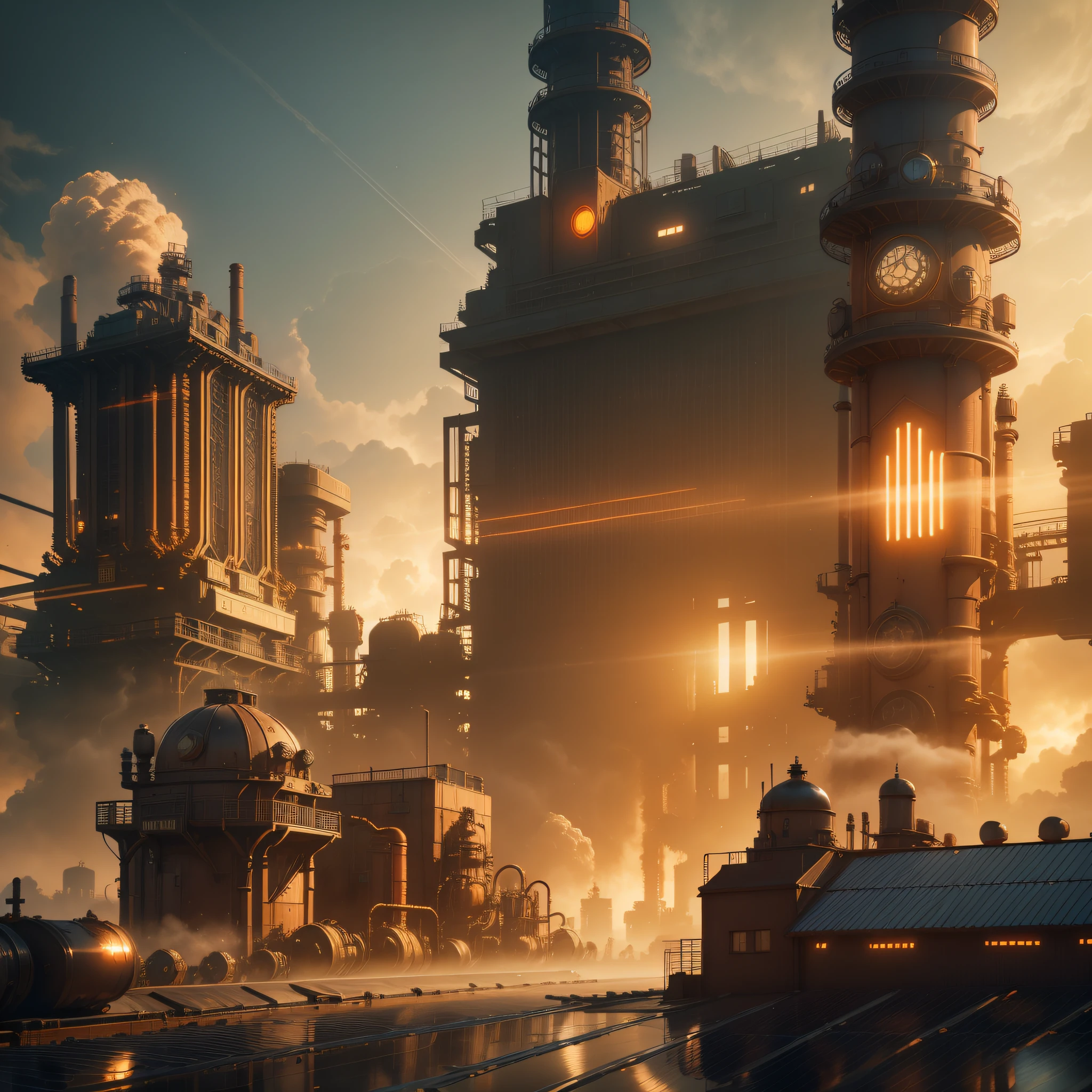 Steampunk factory with solar panels, concept art, artstation trending, volumetric lighting, high details, 4k, unreal engine, dynamic lighting, high détail, glowing lights, smoke, intricate complexity, glowing light bulbs, electronic wires, bladerunner 2049 film, foggy