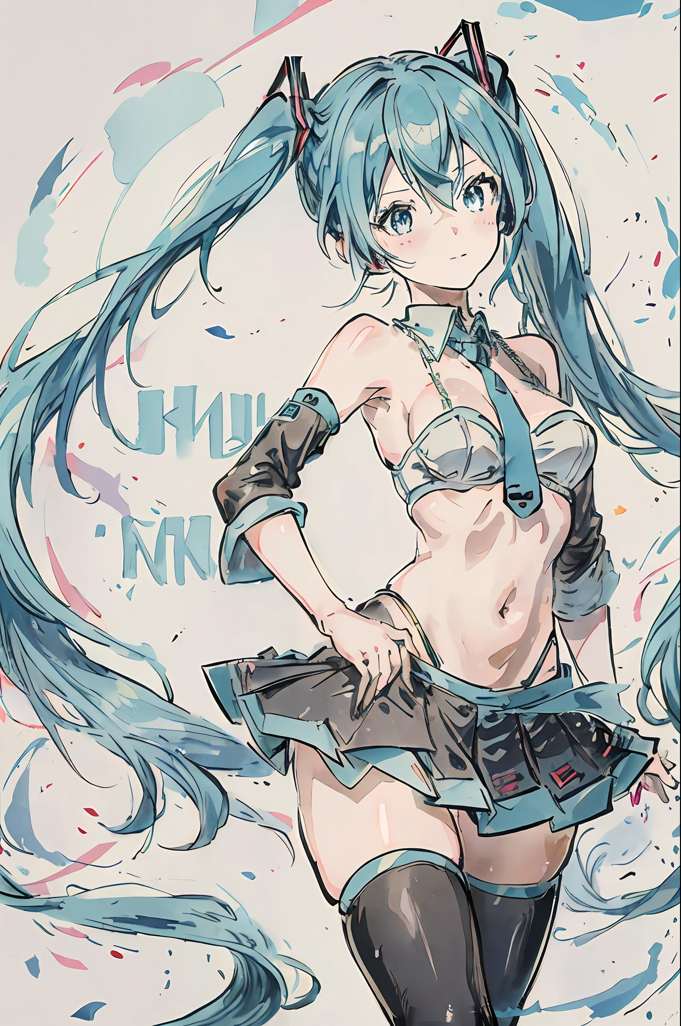 anime characters with blue hair and boobs and a skirt on their heads hatsune miku, long hair, thighhighs, detached sleeves, twintails, necktie, navel
