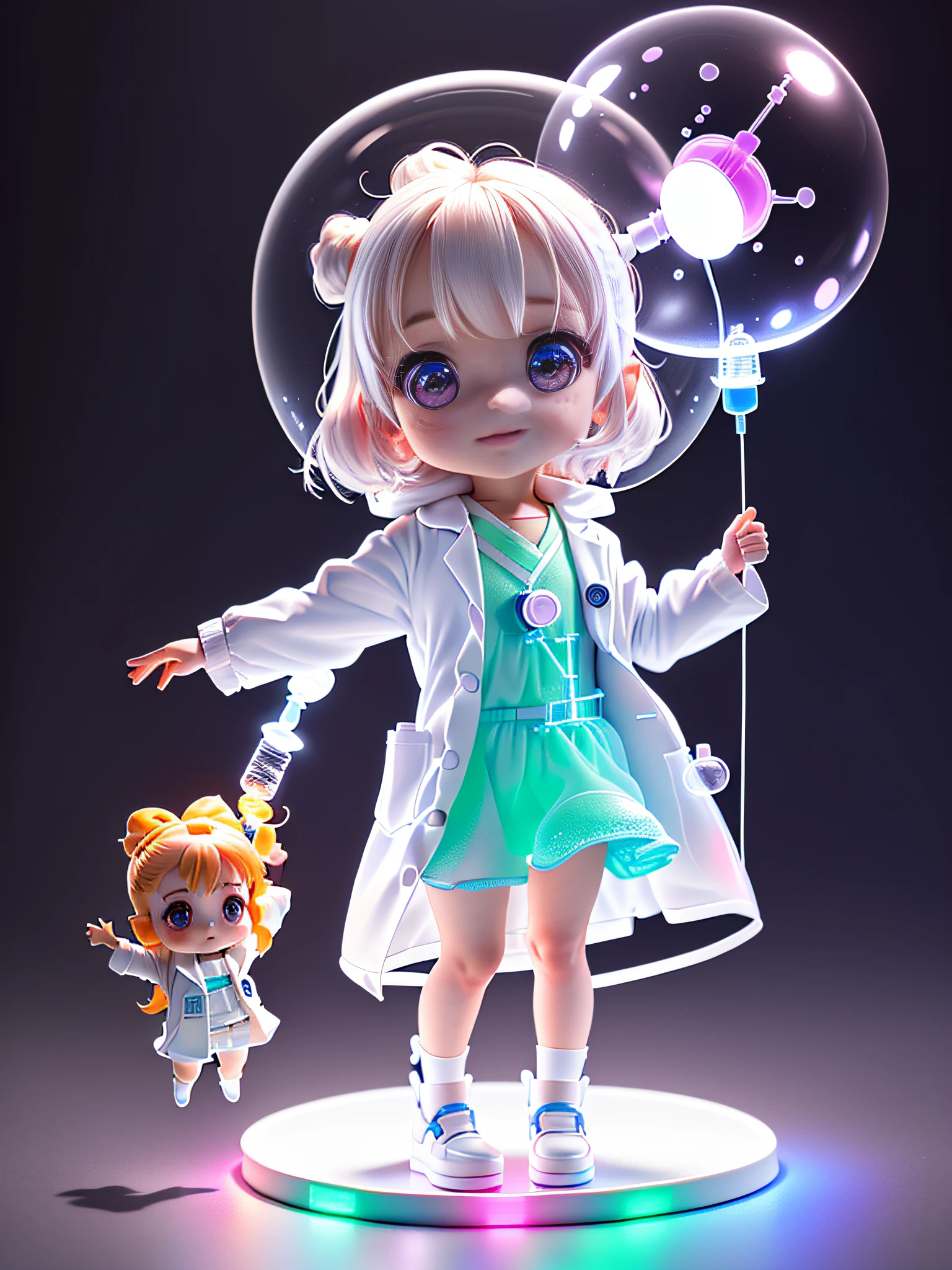 Super cute girl full body 3d drawing, 1 pc, good looking eyes, big eyes, cute, happy, c4d, pop matt blind box, glowing bubble, toy, solid color background, chibi, fluorescent translucency, luminescence, kawaii, doll, ((((scientist, white lab coat))), reference table, pop mart blind box, pixar, complex details, 3d rendering, blender, oc renderer, fol body reference sheet, dribble , High Details, 8K, Studio Lighting, , Petite, Child, Chibi, SD characters: 1.1, Magic Lab background