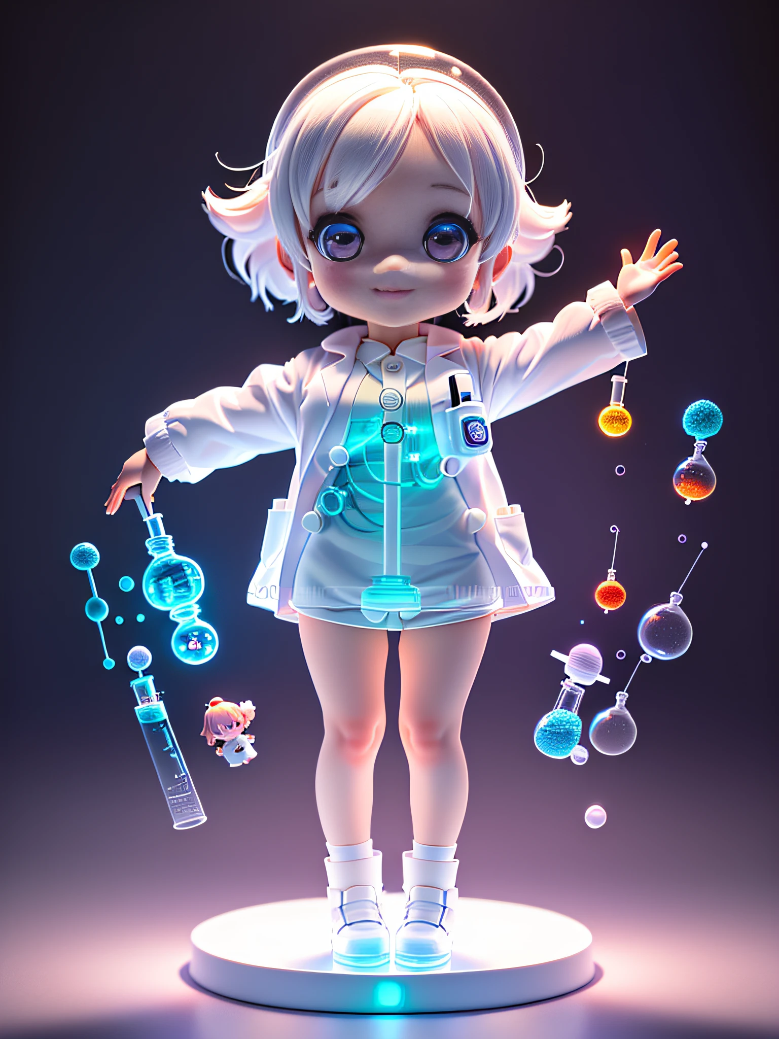 Super cute girl full body 3d drawing, 1 pc, good looking eyes, big eyes, cute, happy, c4d, pop matt blind box, glowing bubble, toy, solid color background, chibi, fluorescent translucency, luminescence, kawaii, doll, ((((scientist, white lab coat))), reference table, pop mart blind box, pixar, complex details, 3d rendering, blender, oc renderer, fol body reference sheet, dribble , High Details, 8K, Studio Lighting, , Petite, Child, Chibi, SD characters: 1.1, Magic Lab background