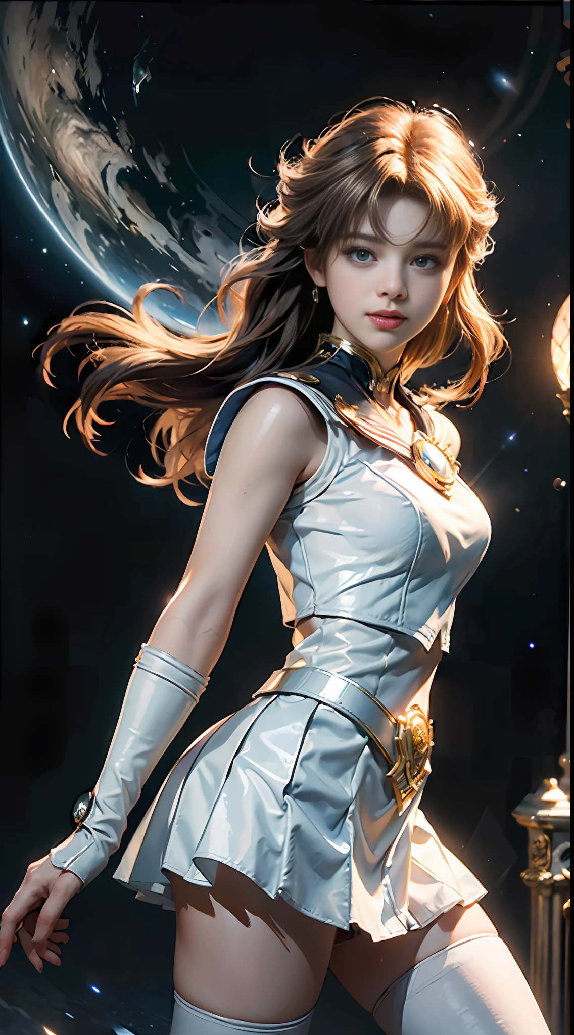 (Extreme detail CG Unity 8K wallpaper, masterpiece, highest quality), (exquisite lighting and shadow, highly dramatic picture, cinematic lens effect), (Sailor Moon: 1.1), charming smile, double tail, blue eyes, blond hair, tight top, white gloves, mini skirt, dynamic pose), the background is the universe (excellent detail, excellent lighting, wide angle), (excellent rendering, enough to stand out in its class),