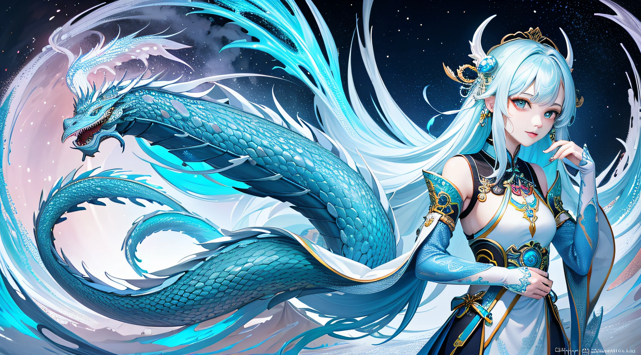 8k masterpiece, top quality, best quality, official art, delicate eyes (beauty and aesthetics: 1.3), extremely detailed, (fractal art: 1.3), colorful, ice and Chinese dragon, serpentine body, claws, cyan and 1 woman, han male media, hanfu, cyan