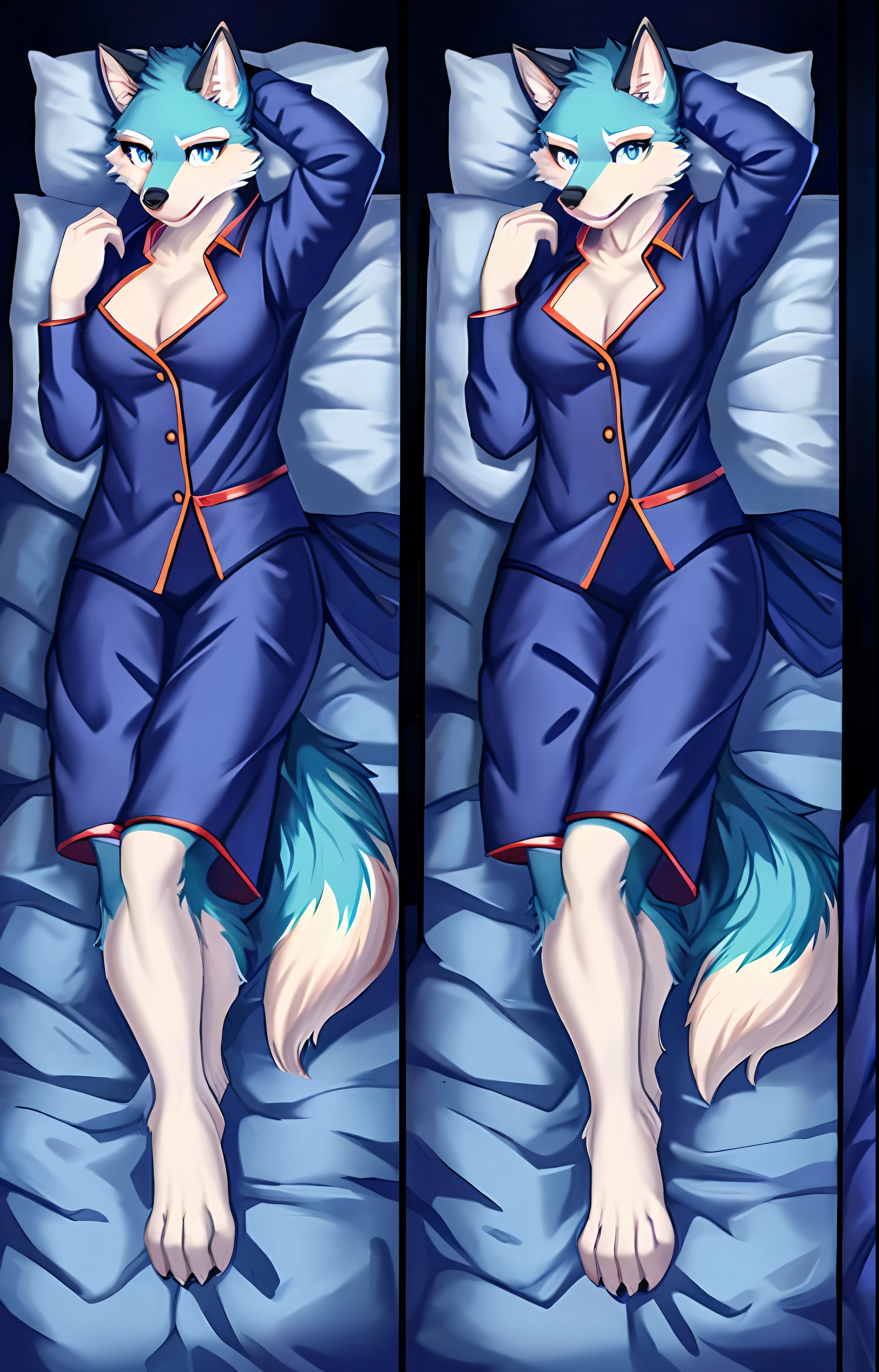 (Masterpiece, best quality, detailed), dakimakura, bed, sheets, 1 girl, solo, full body, lying down, on back, original costume, pajamas, origin, solo, wolf, dark theme