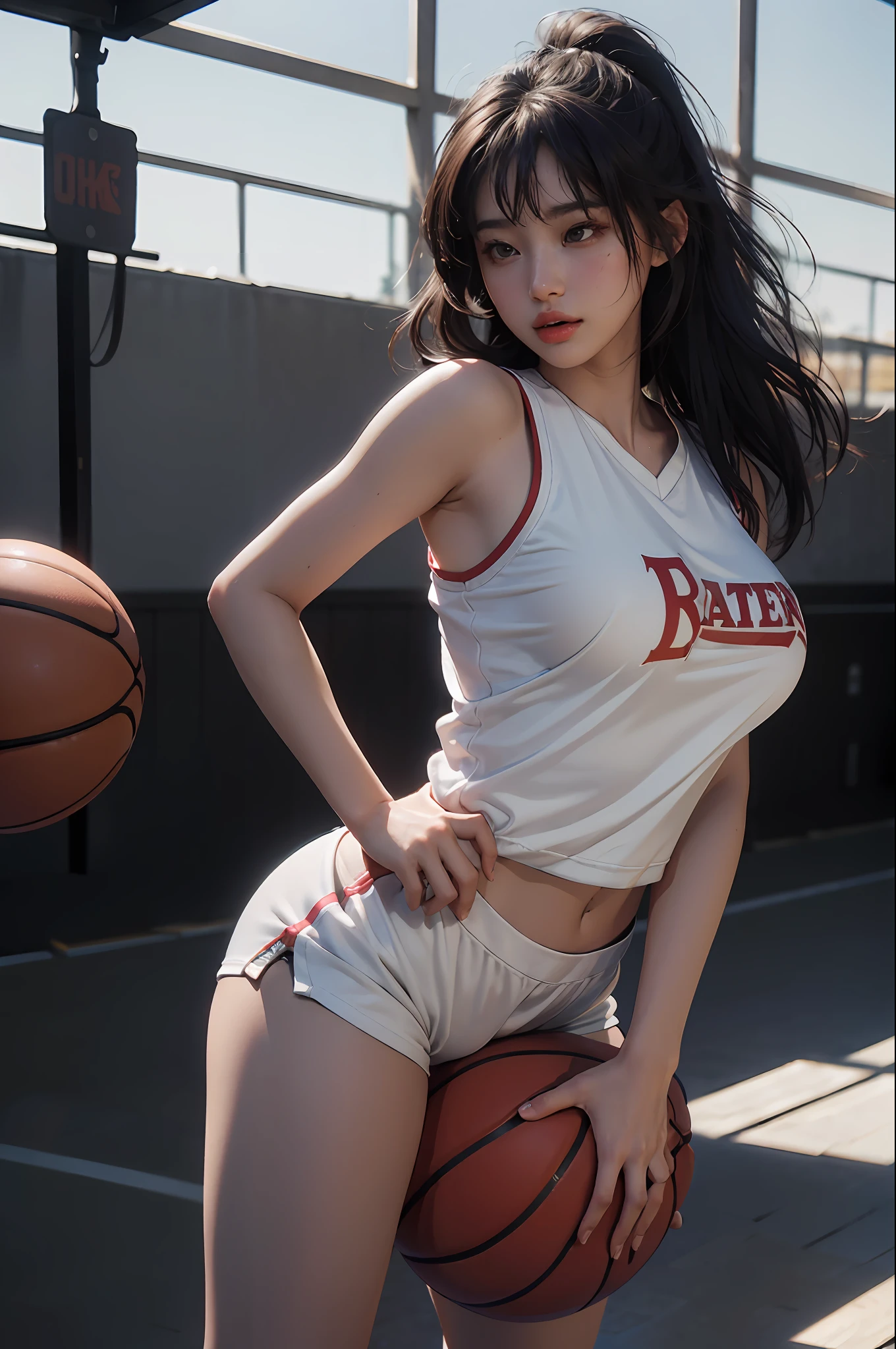 (RAW photo, 4k, masterpiece, high resolution, extremely complex) (realistic: 1.4), cinematic lighting Delicate girl with delicate facial features, oversized breasts
1 Girl, Single Focus, Summer Noon, Hot, Gym 1990s\(style\), white skin, oversized breasts, shorts, sweat, (best quality), (highres), (an extremely delicate and beautiful), (Beautiful 8k face), (brown eyes), (ulzzang-6500:1.0), (solo), ( looking side),(spectators),(large breasts),(NBA),bent over,,lookside,(side), ,(Basketball sportswear),((Play basketball)),((gymnasium)),((speed)),(reality),