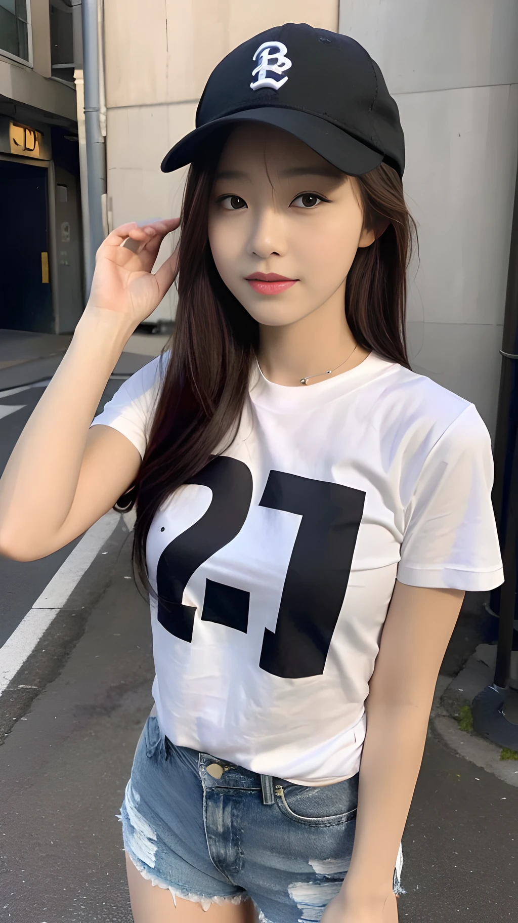 ((Best Quality, 8K, Masterpiece: 1.3)), (Baseball Cap: 1.3), Focus: 1.2, Perfect Body Beauty: 1.4, Buttocks: 1.2, (Layered Haircut: 1.2)), , (Dark Street: 1.3), Highly Detailed Face and Skin Texture, Full Body, Delicate Eyes, Double Eyelids, Whitened Skin, Long Hair, (Round Face: 1.5), (Short Sleeves, Shorts: 1.6)