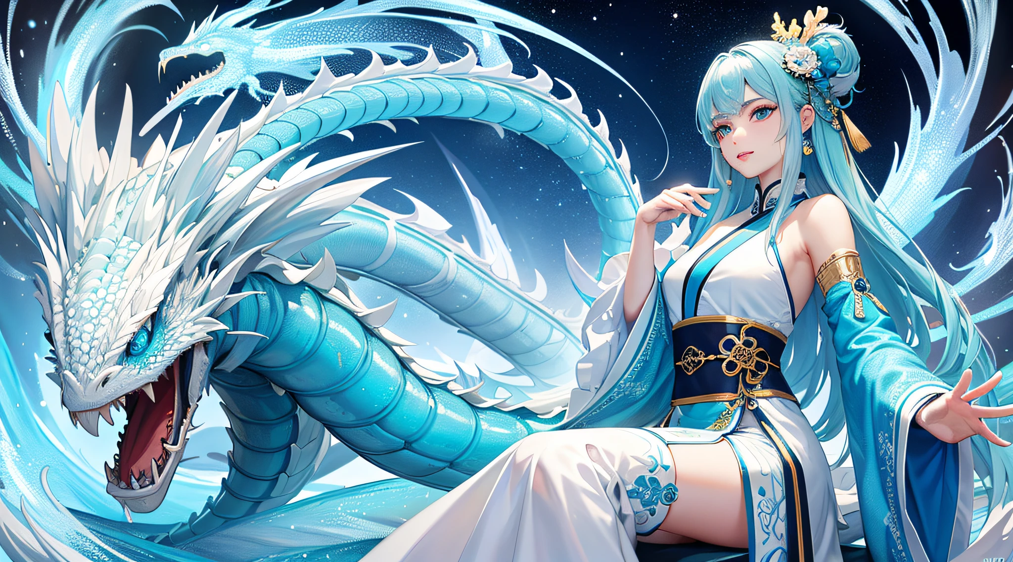 8k masterpiece, top quality, best quality, official art, delicate eyes (beauty and aesthetics: 1.3), extremely detailed, (fractal art: 1.3), colorful, ice and Chinese dragon, serpentine body, claws, cyan and 1 woman, han male media, hanfu, cyan