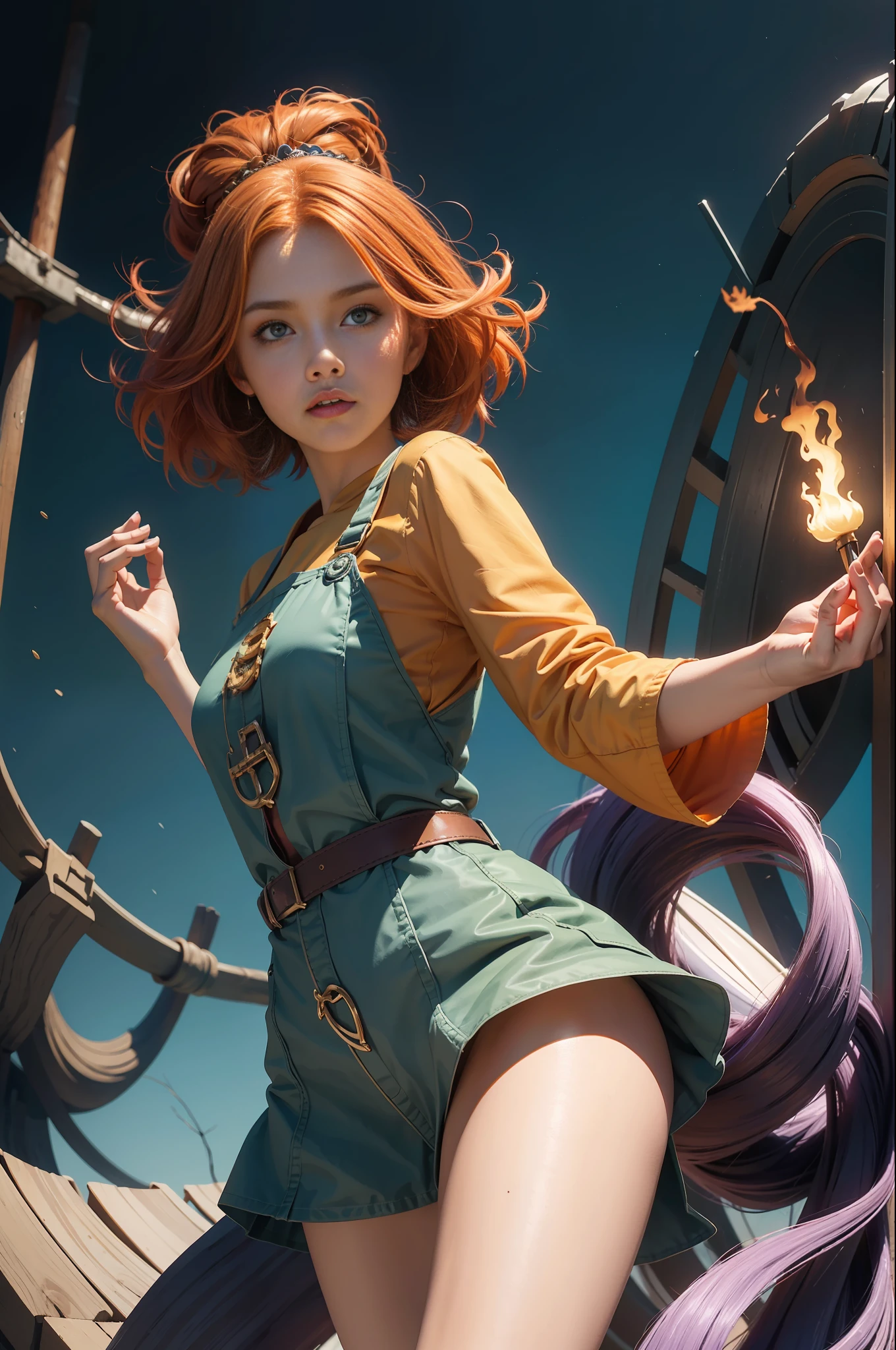 concept art, overhead angle of a Will-o'-the-wisp, wearing Funny Somali Emerald deep orange Pinafore, Caramel hair styled as Short hair, fluorescent purple Hair tie, equirectangular 360, Highres,  [(art by Willi Baumeister:1.1), (art by John T. Biggers:1.2)::17], official art, unity 8k wallpaper, ultra detailed, aesthetic, masterpiece, best quality, photorealistic