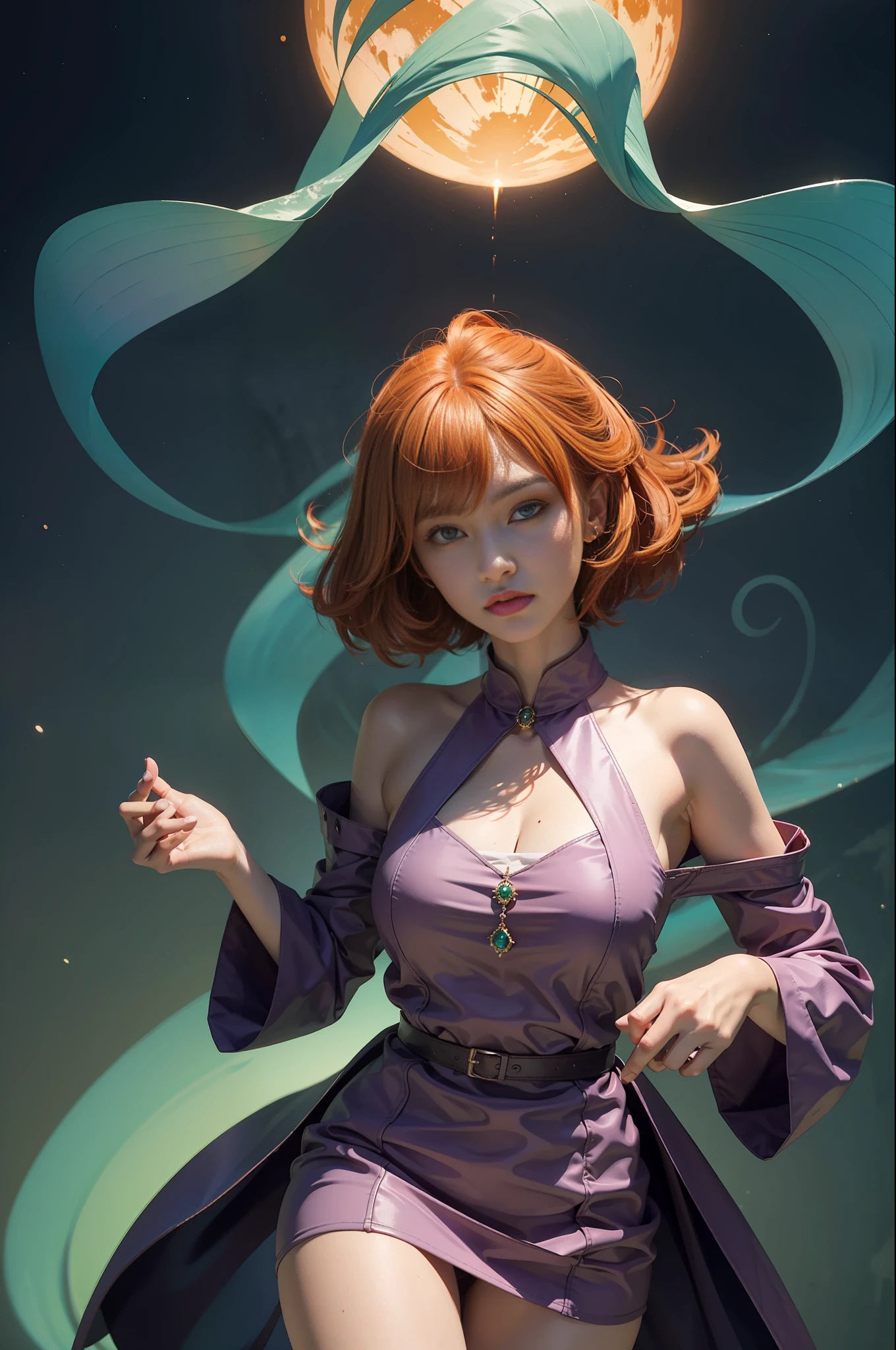 concept art, overhead angle of a Will-o'-the-wisp, wearing Funny Somali Emerald deep orange Pinafore, Caramel hair styled as Short hair, fluorescent purple Hair tie, equirectangular 360, Highres,  [(art by Willi Baumeister:1.1), (art by John T. Biggers:1.2)::17], official art, unity 8k wallpaper, ultra detailed, aesthetic, masterpiece, best quality, photorealistic