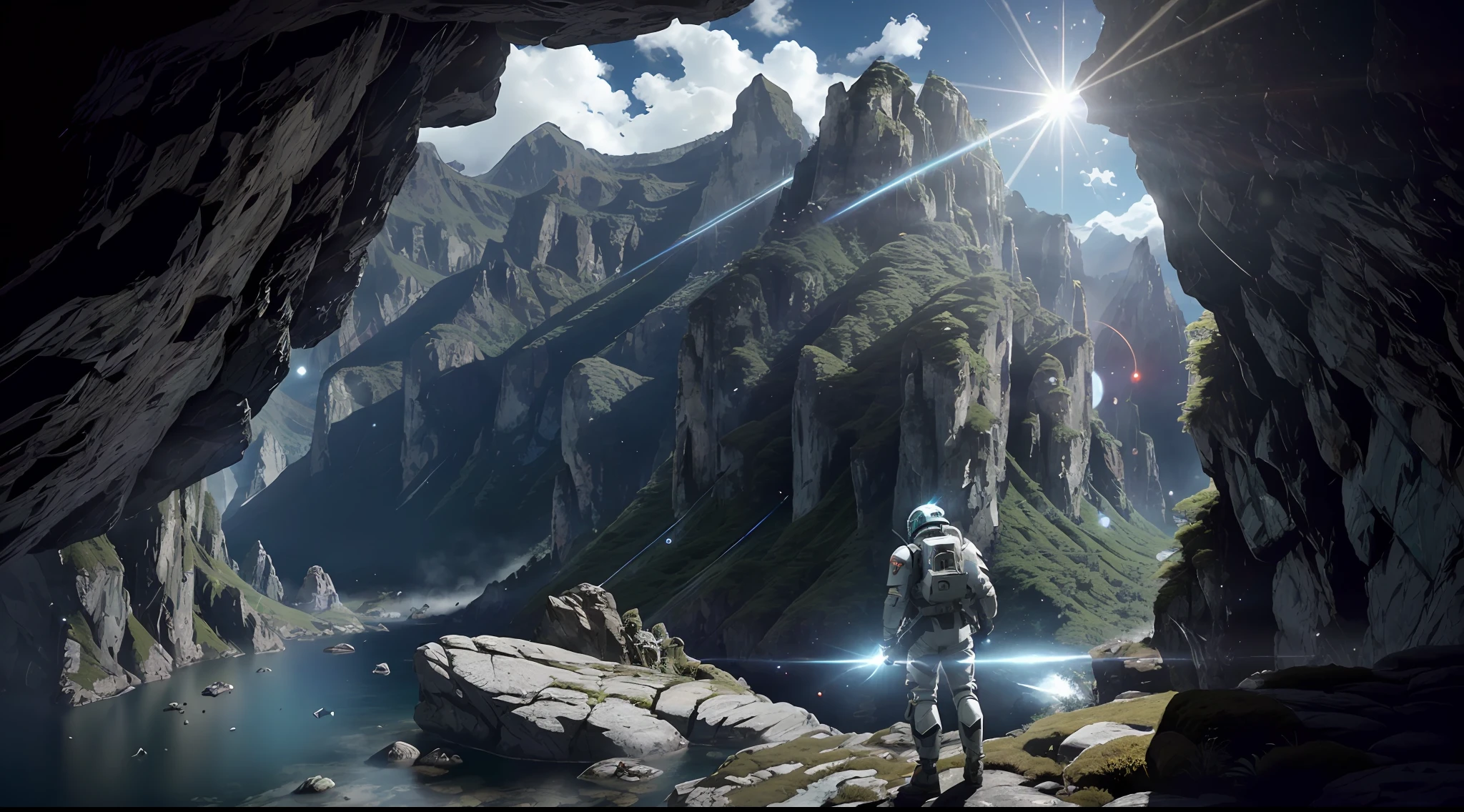 (35mmstyle:1.2), highly detailed RAW color photo, back corner, full body, (female space marine, wearing white and red spacesuit, futuristic helmet, tinned mask, rebreather, prominent loot), outdoors, (standing on a cliff tall Rocky Mountains, looking out at the magical lush green rainforest on an alien planet), vivid details, (exotic alien planet), toned body, big ass, (sci-fi), (Mountains: 1.1), (Dense green vegetation), (One Moon in the Sky: 0.8), (Very detailed, Ultra-detailed, Complex), (Lens flare: 0.7), (Flare: 0.7), Particle effects, ray tracing, cinematic lighting, shallow depth of field, Shot on Sony a9 II, 35mm wide-angle lens, clear focus, motion picture film, from Gravity 2013, seen from behind, dynamic angle