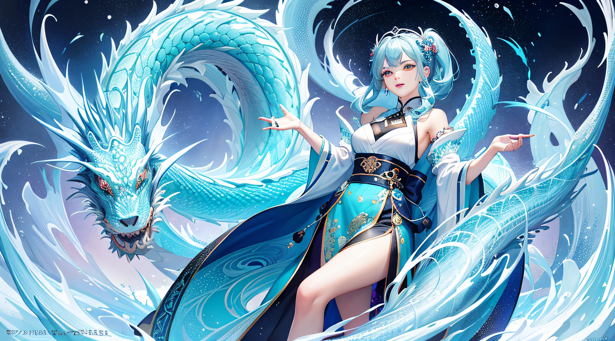 8k masterpiece, top quality, best quality, official art, delicate eyes (beauty and aesthetics: 1.3), extremely detailed, (fractal art: 1.3), colorful, ice and Chinese dragon, serpentine body, claws, cyan and 1 woman, han male media, hanfu, cyan