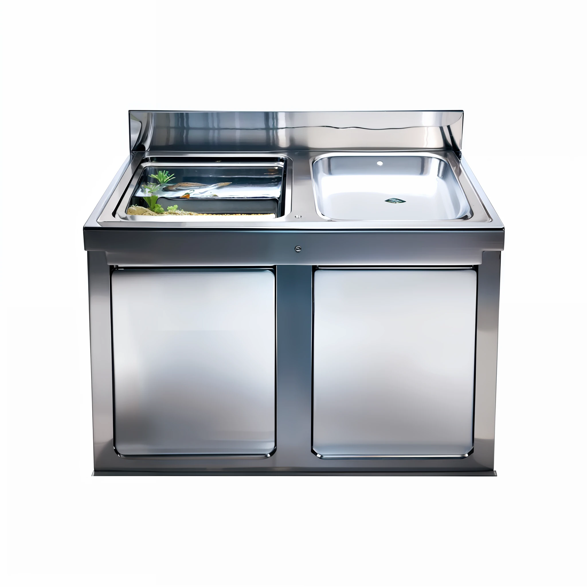 a close up of a stainless steel sink with a window, sink ( ( ( fish tank ) ) ) ) ), denning, metal, art - deco, art-deco, sink, zido, stainless steel, high detal, art deco, series, bizzaro, high détails, 3 - piece, domestic, marvano, 2 1 st century
