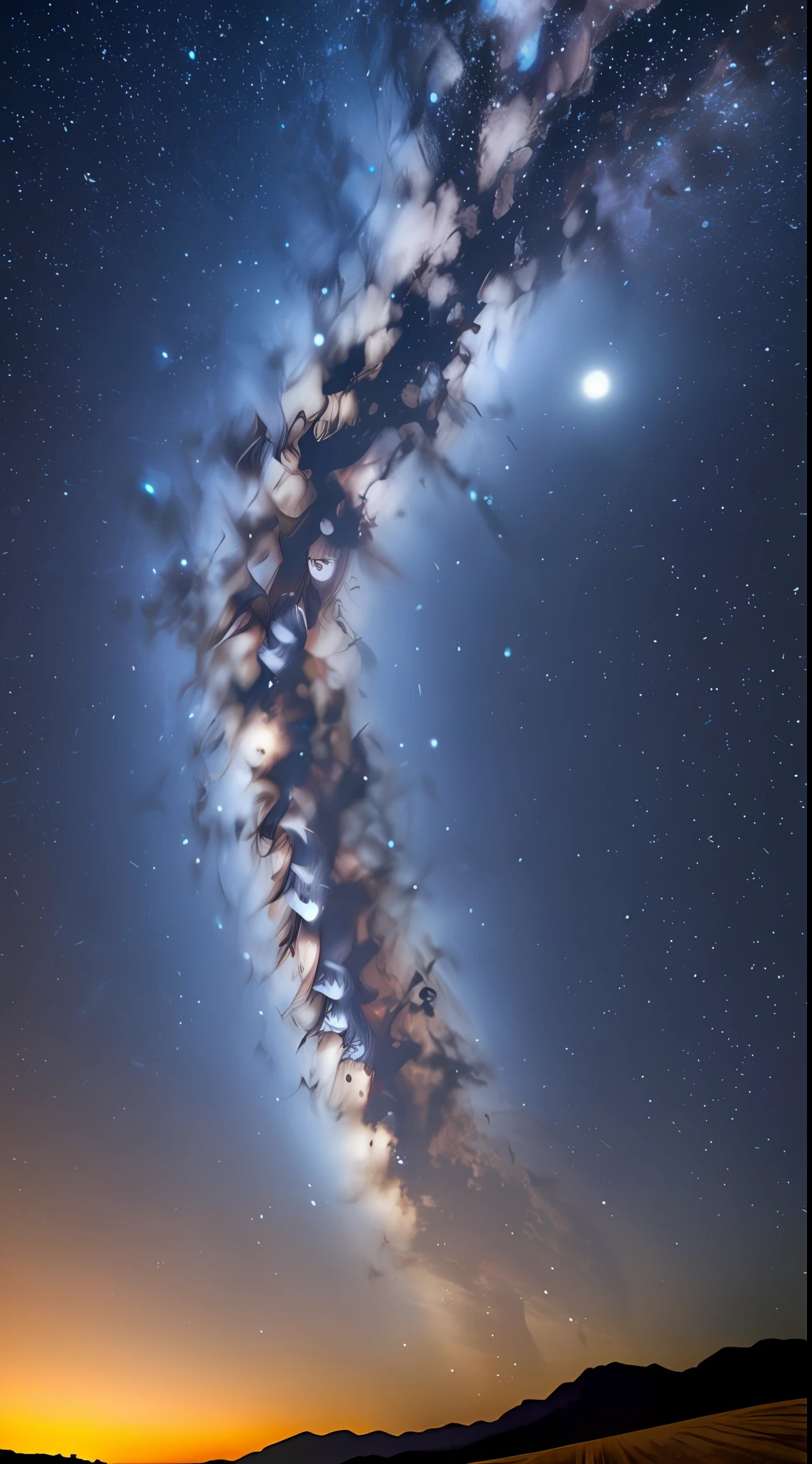 Vast landscape photos, (from below, sky above, open fields below), (Full Moon: 1.2), (Meteor: 0.9), (Nebula: 1.3), Distant Mountains, Trees BREAK Making Art, (Warm Light Source: 1.2), (Firefly: 1.2), Lamps, Lots of Purple and Orange, Intricate Details, Volume Lighting BREAK (Masterpiece: 1.2), (Best Quality), 4K, Ultra Detailed, (Dynamic Composition: 1.4), Detailed, Colorful, (Iridescent: 1.2), (Glow, Atmospheric Lighting), Dreamy, Fantastic, (Solo: 1.2)