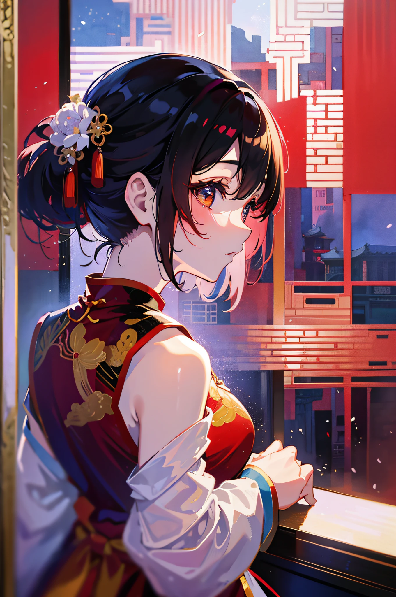 "Beautiful anime style, a Chinese girl wearing a red cheongsam in the style of Guwiz, behind her is a delicate Chinese watercolor painting style, the picture of the palace is reflected outside the window, the whole picture is very detailed, more like a heirloom Chinese style Guwiz artwork, 4K resolution."