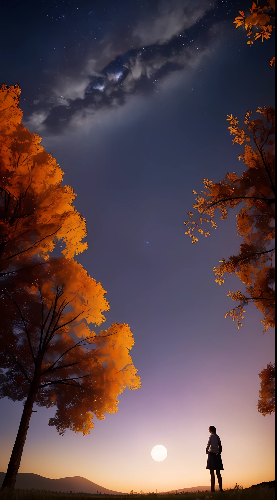 A wide landscape photo, (viewed from below, the sky is above, and the open field is below), a girl standing on a flower field looking up, (full moon: 1.2), (meteor: 0.9), (nebula: 1.3), distant mountains , Trees BREAK Crafting Art, (Warm Light: 1.2), (Firefly: 1.2), Lights, Lots of Purple and Orange, Intricate Details, Volumetric Lighting BREAK (Masterpiece: 1.2), (Best Quality), 4k, Ultra Detailed, (Dynamic Composition: 1.4), Rich in Detail and Color, (Rainbow Color: 1.2), (Glow, Atmospheric Lighting), Dreamy, Magical, (Solo: 1.2)