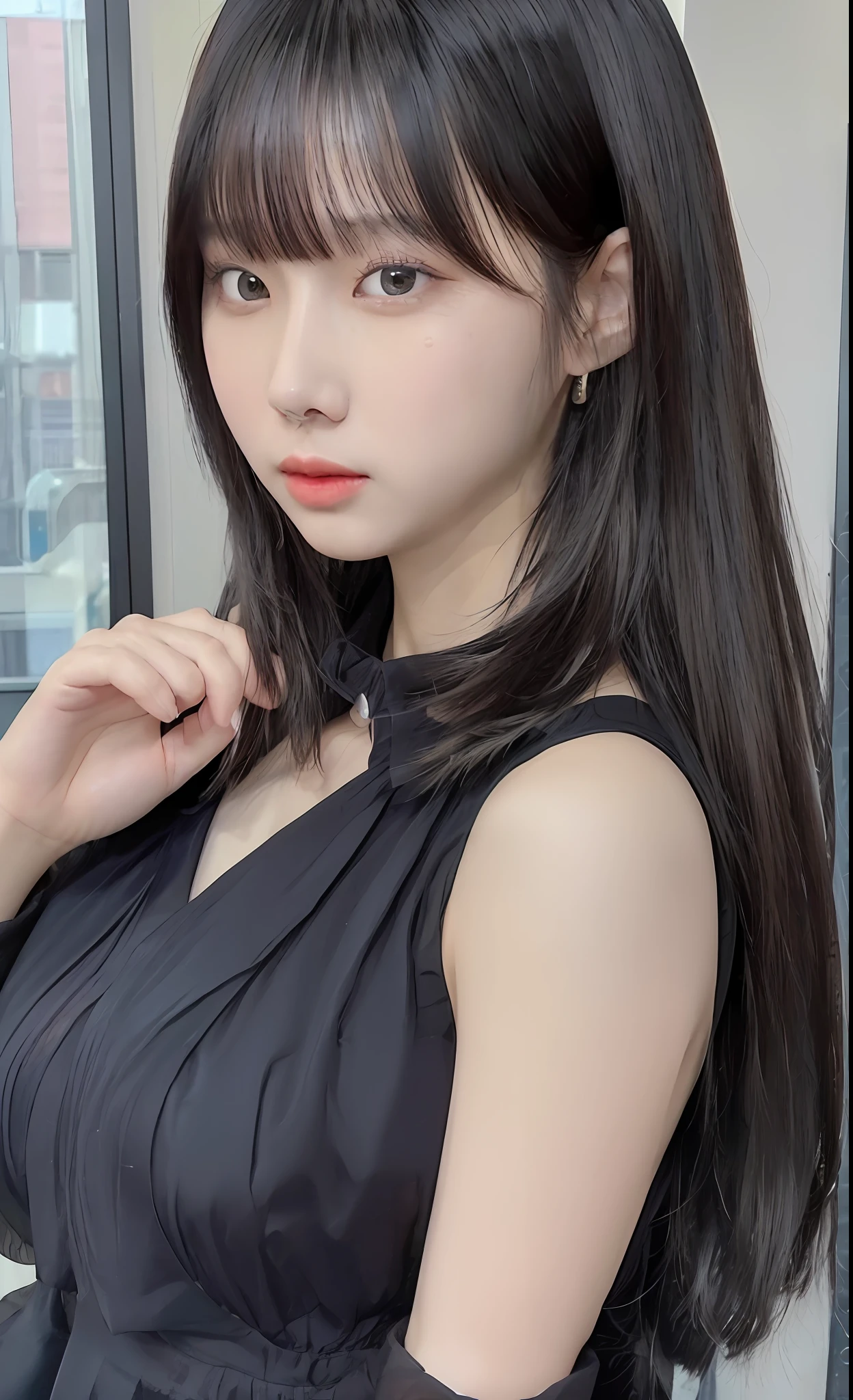 Korean woman in sheer fabric(((DeepVnecklineslipdress))), black hair, (big breasts:1.27), huge areola ,(((areola slip))),((puffy areolae)),((sideboob)),(((collar))), Korean girl, beautiful south Korean woman, gorgeous young Korean woman, beautiful young Korean woman, asian girl with long hair, young adorable Korean face, portrait of female Korean idol, Korean woman, messy hairstyle, ulzzang, ulzzang-6500-v1.1, pureerosface_v1, popular Korean makeup, popular south Korean makeup, with long hair, (8k, RAW photo, best quality, masterpiece: 1.45), (nsfw:1.25)