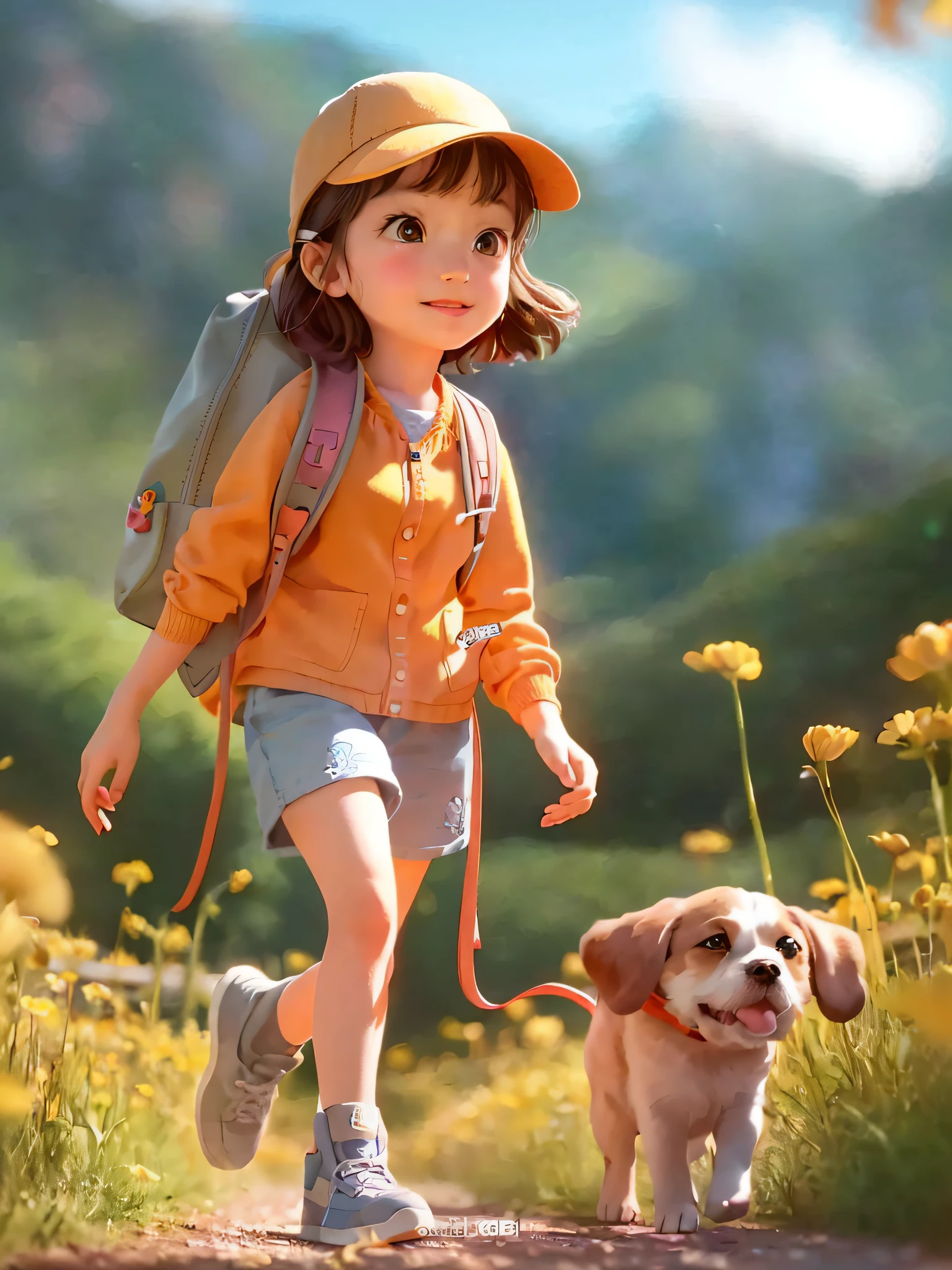 Tip: A very charming  girl with a backpack and her cute puppy enjoying a lovely spring outing surrounded by beautiful yellow flowers and nature. The illustration is a high-definition illustration in 4k resolution, featuring highly detailed facial features and cartoon-style visuals.